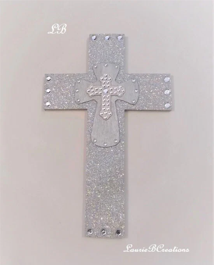 SILVER GLITTER & BLING WALL CROSS - Sparkling Octagon Silver Glitter w/Silver and Clear Rhinestone Center Crosses - 14" 9"