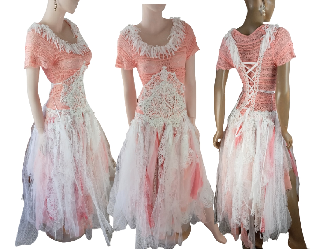 Peach and white wedding dress. Long lace and tulle tatters in the skirt with crochet on the bodice. Lace up back for a snug fit. Cap sleeves. Fringe around the neckline. One of a kind, eco-friendly, hand made, bohemian style dress.