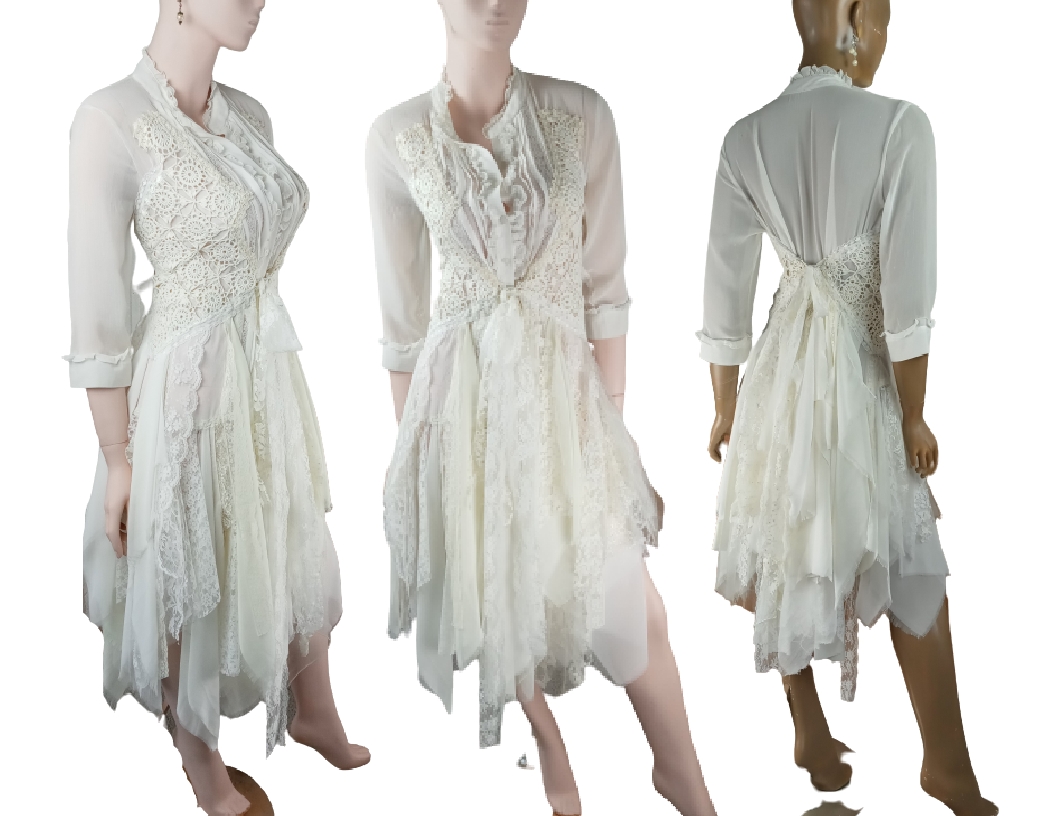 Cream 3/4 sleeve tattered wedding dress. One of a kind, hand stitched with tie up back for a snug fit.