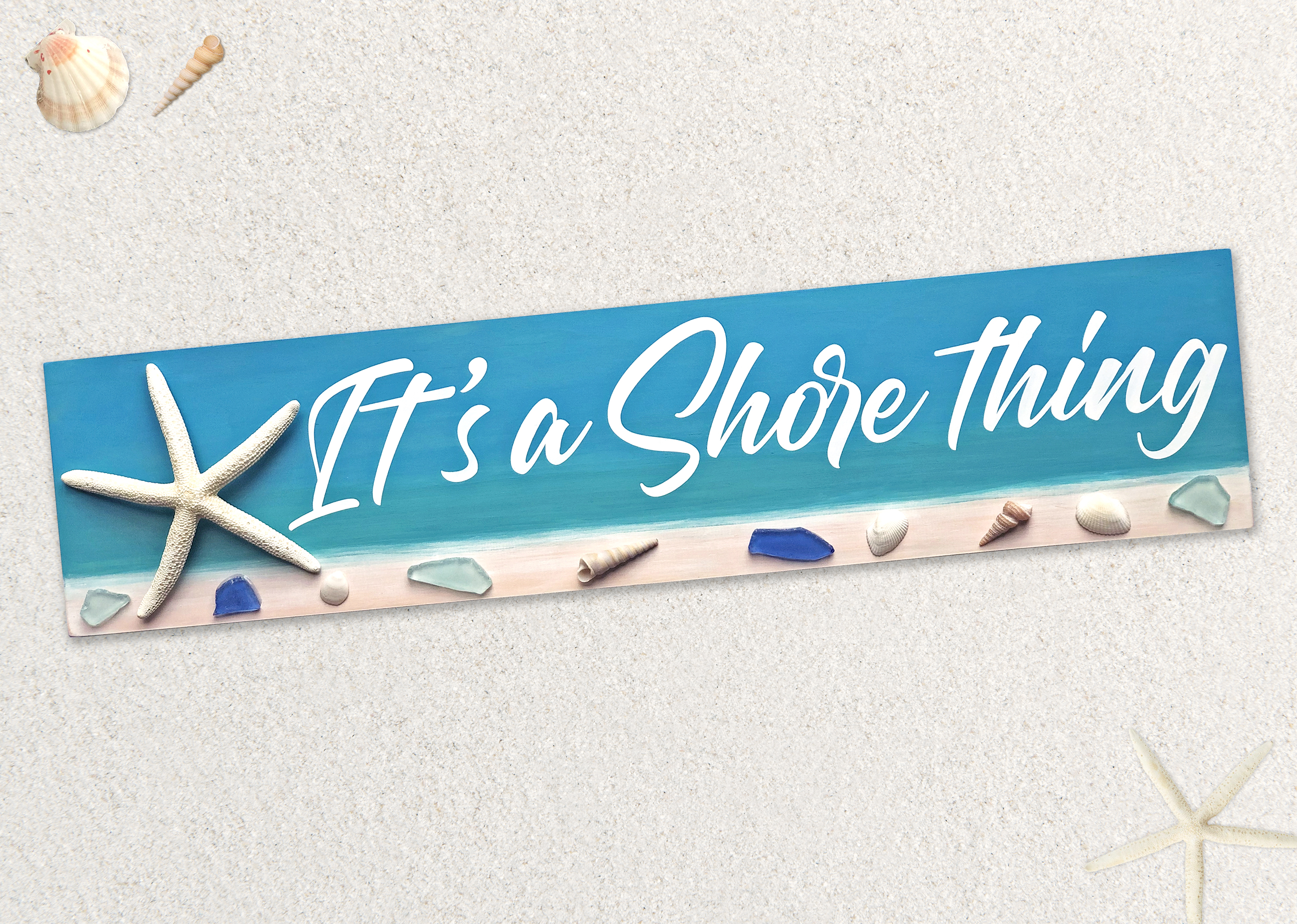 It’s a shore thing sign, Jersey Shore Sign with coastal beachy colors, watercolor effect background with sea shells and sea glass and a large starfish, Jersey Shore Decor, Summer Decor, Coastal Decor, Summer Signs, Watercolor theme background for beach house