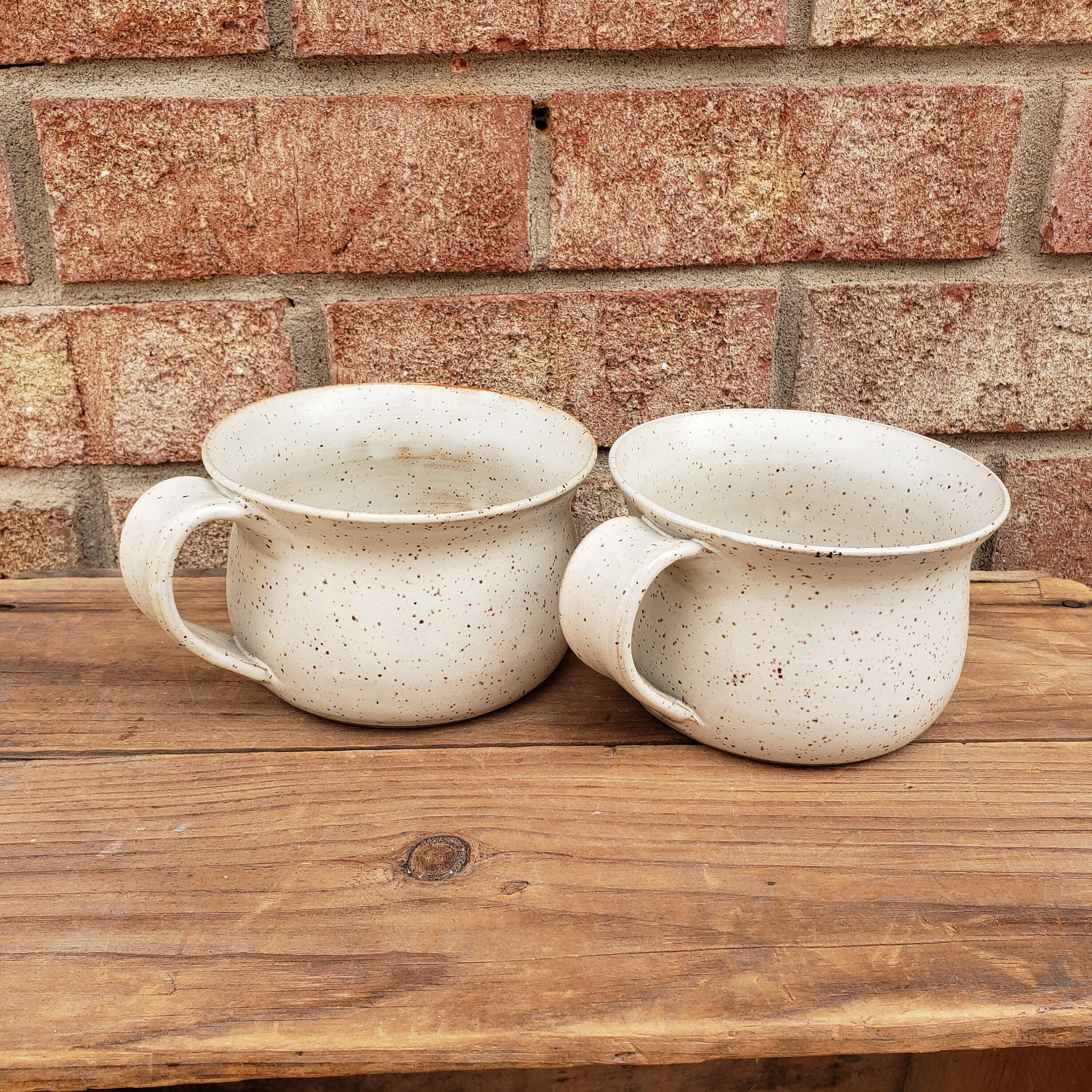 pair white speckled handmade soup mugs by Bristow Pottery