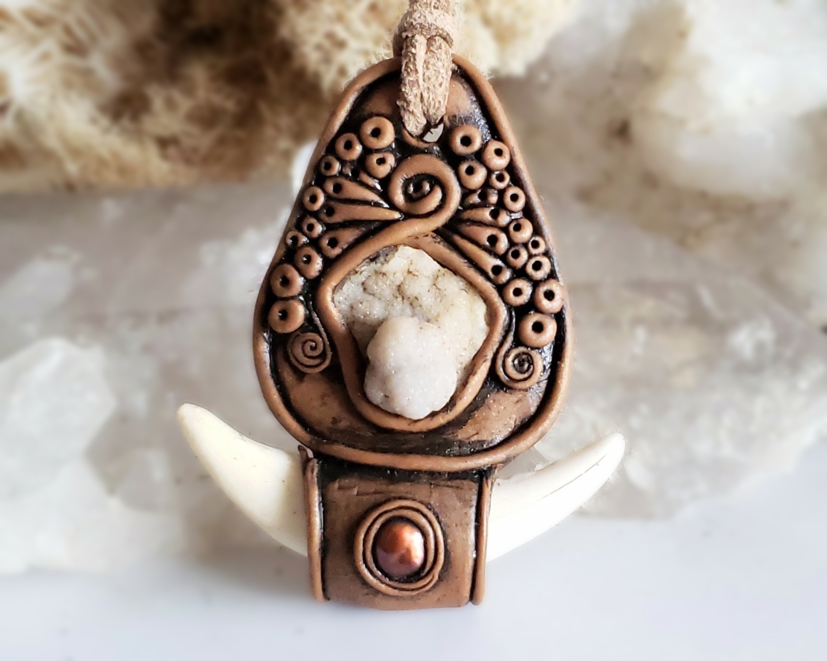 Druzy Quartz, Coyote Tooth and Pearl Polymer Clay Pendant