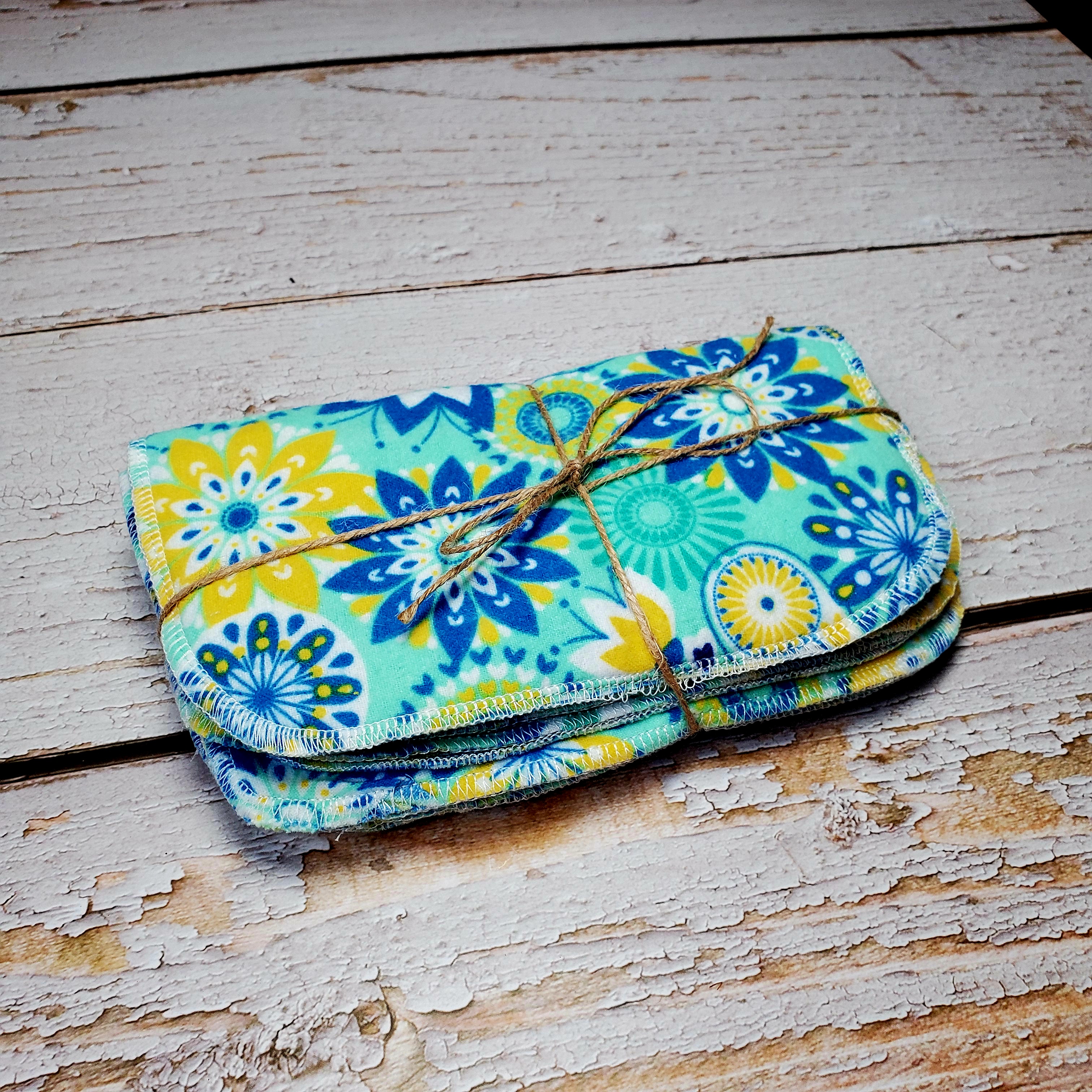 Blue Yellow and Teal Floral cloth wipes