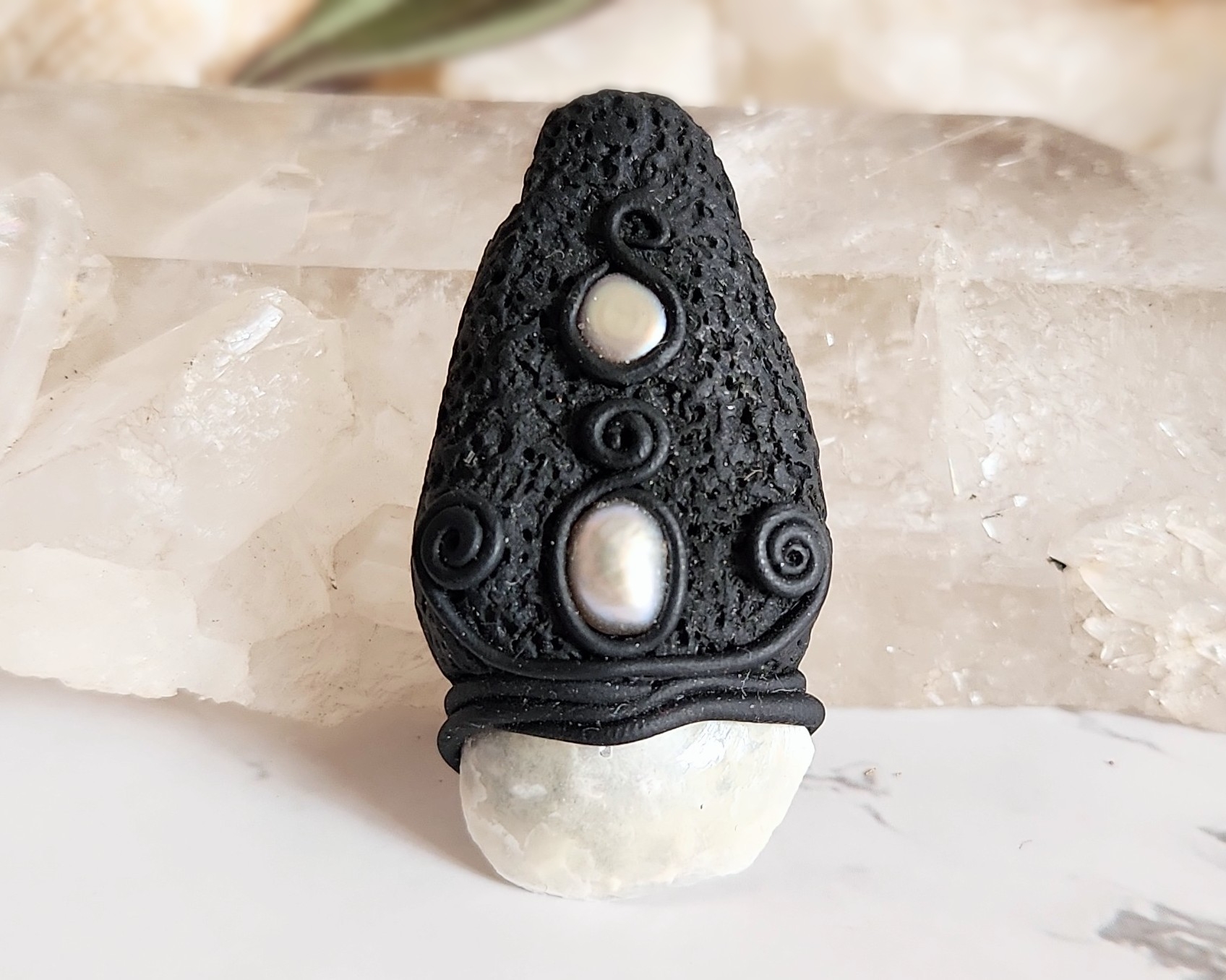 White Jingle Shell and Freshwater Pearl Black Polymer Clay Pendant