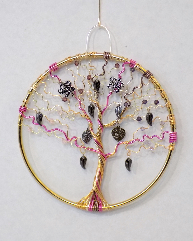 5 inch gold hoop with wire tree of life sculpture in gold and pink with dangling leaves and butterfly beads handmade by RainbowMaille