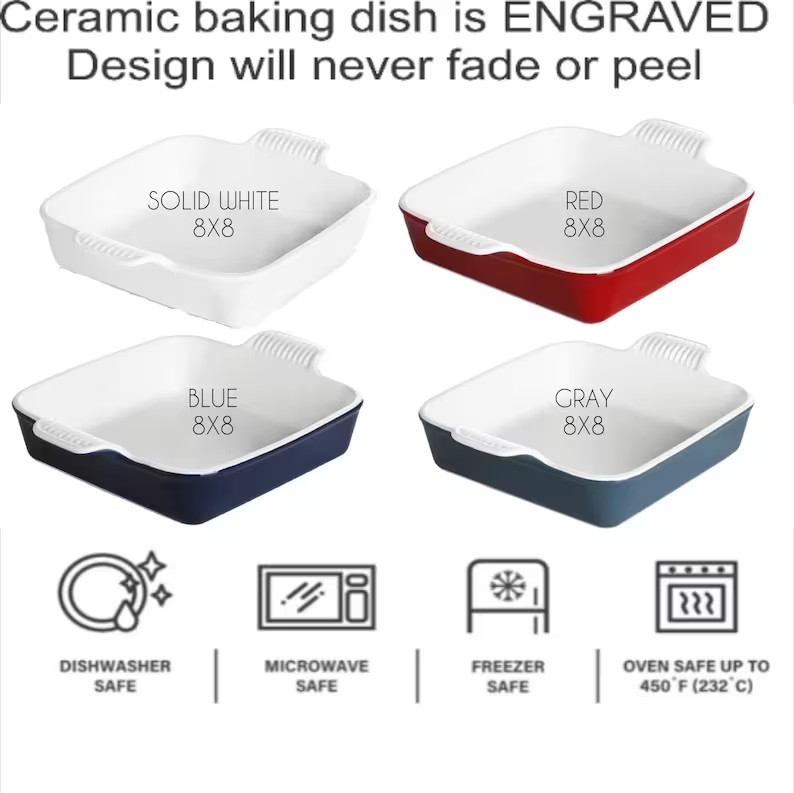 Recipe Baking Dish 8x8 Custom Ceramic Casserole Pan OVEN SAFE 