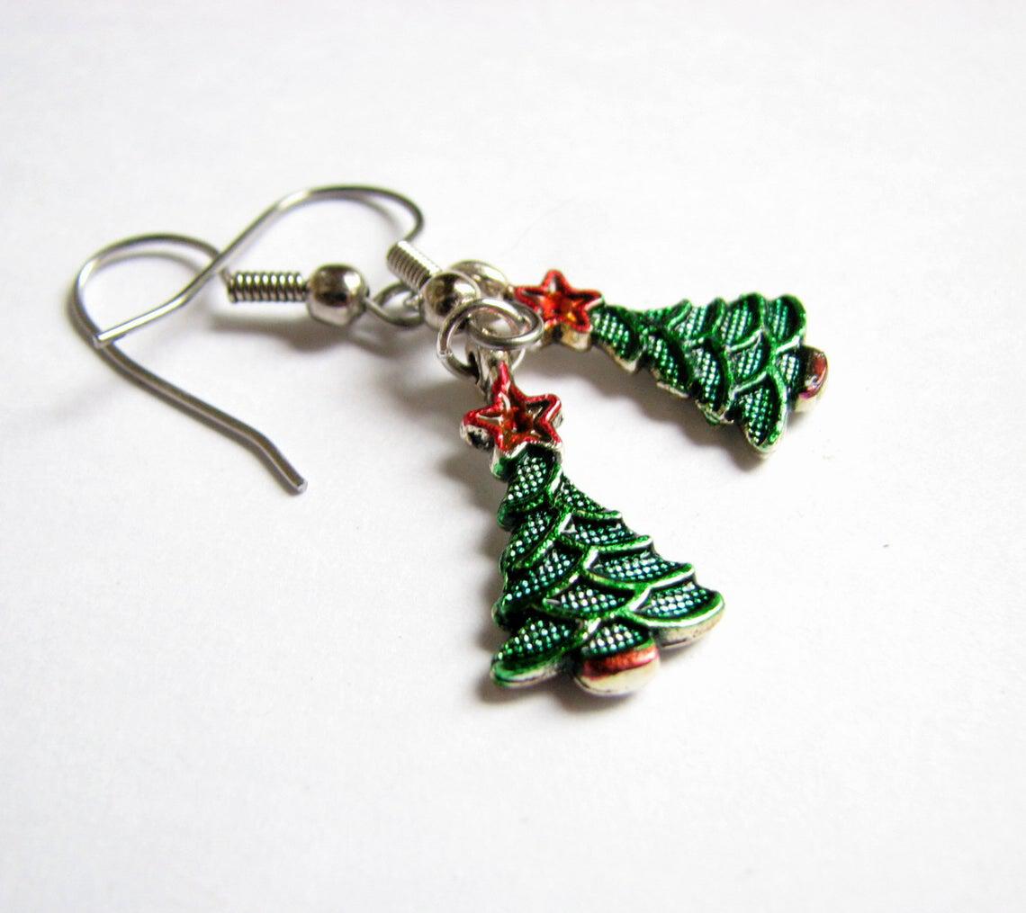 Holiday Christmas tree dangle earrings.
