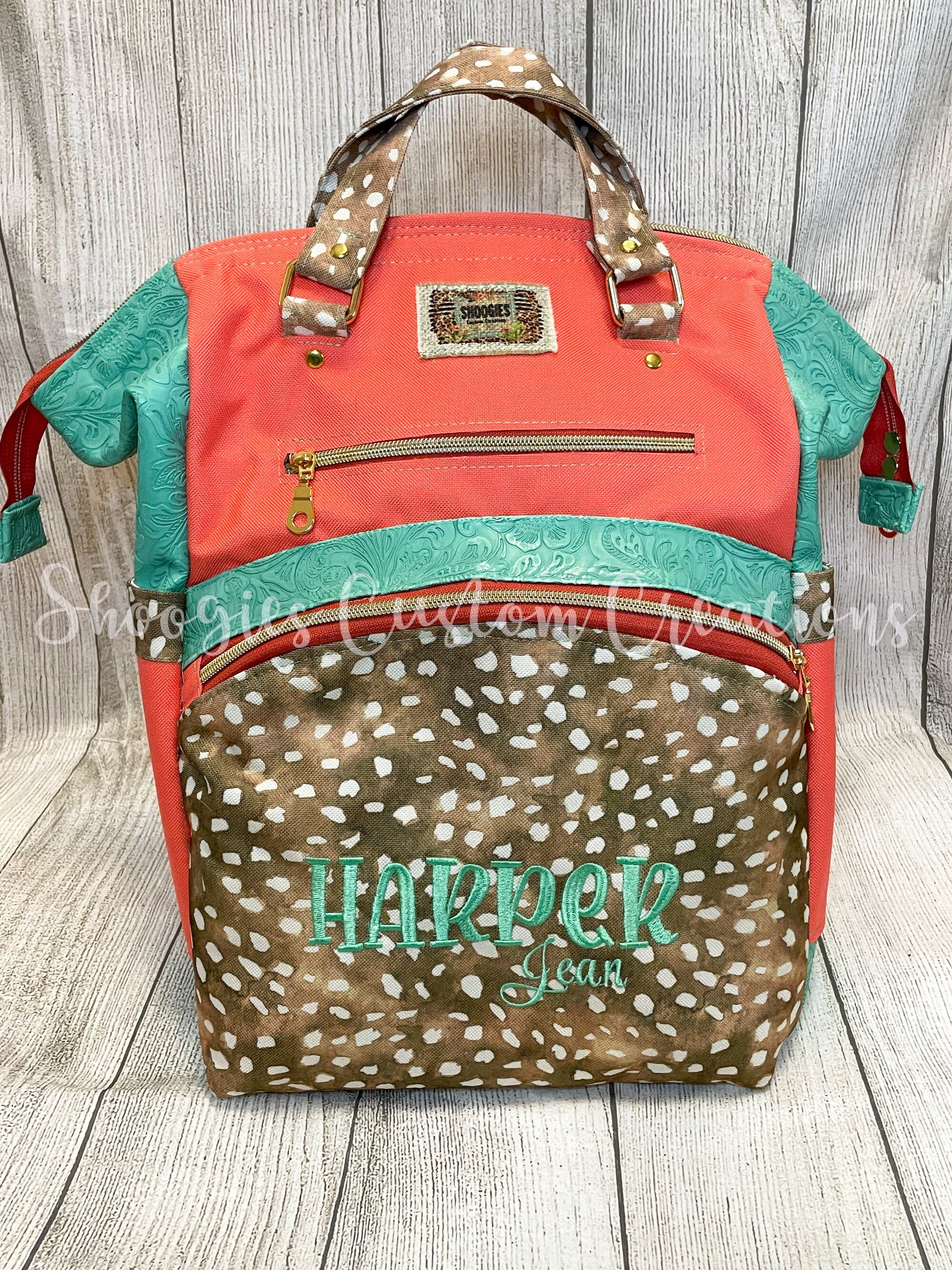 Products :: Handmade Coral and Deer Fawn Print Diaper Backpack with ...
