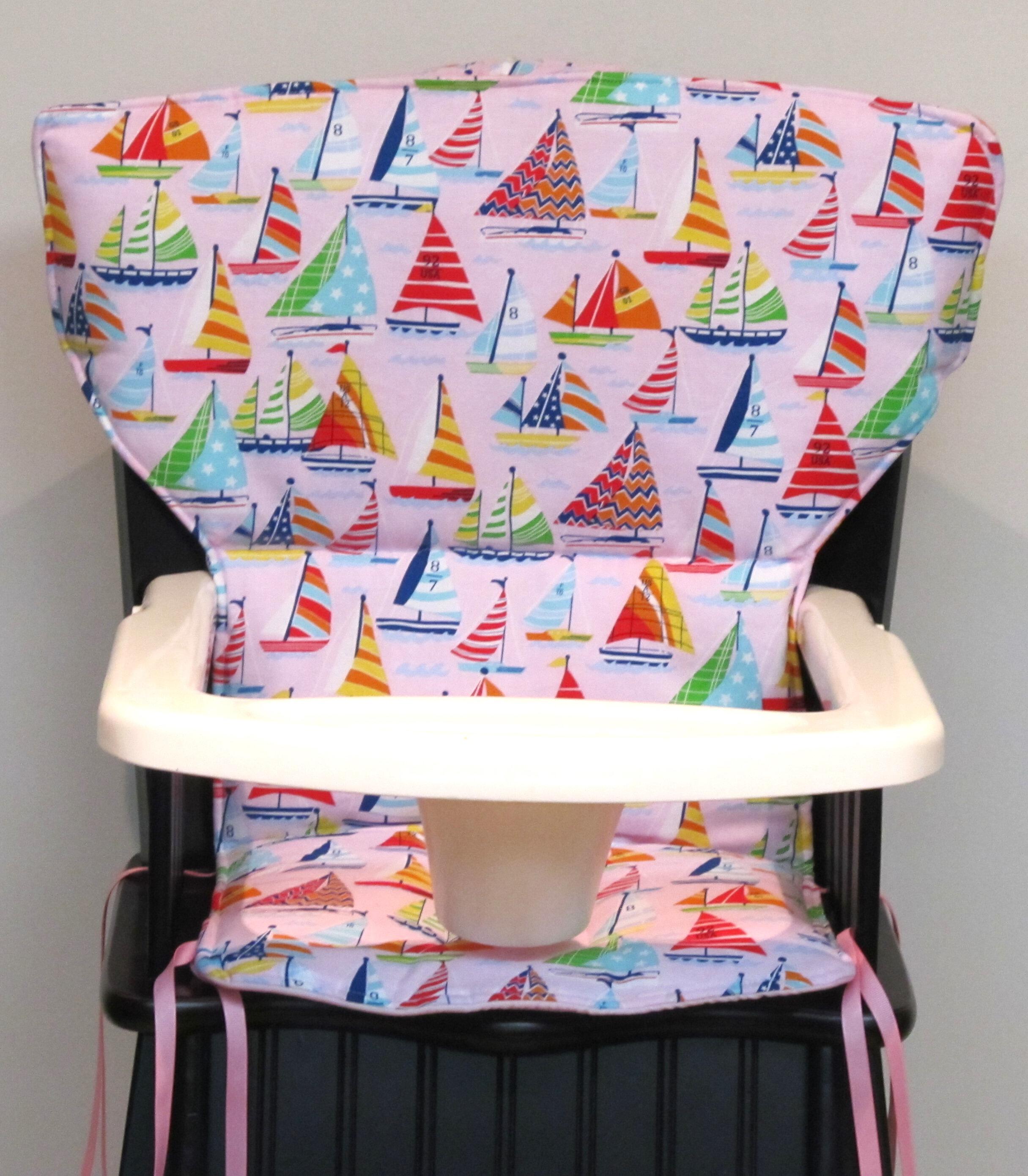 Newport style Eddie Bauer wooden highchair cushion, handmade in the USA, sailboats on pink