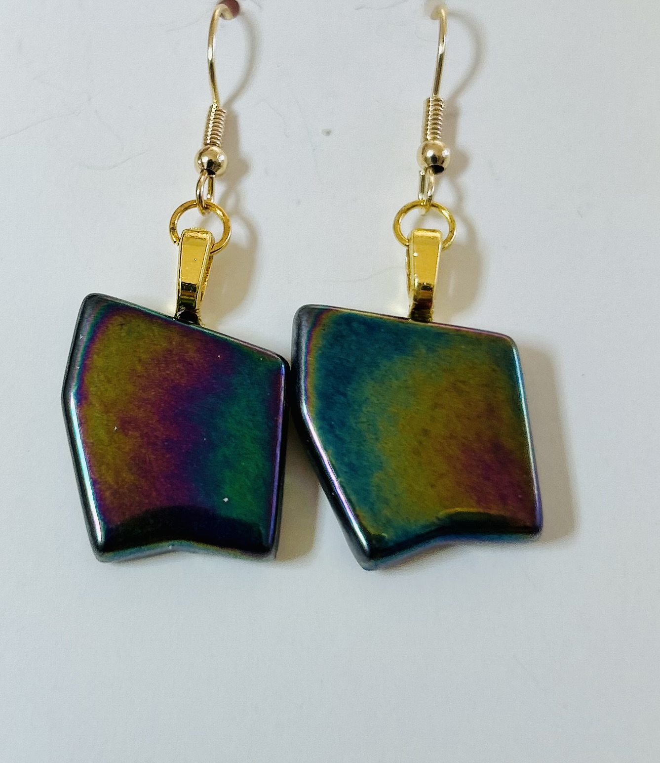 Jewelry Iridescent Black Odd Shaped Glass Tile Earrings