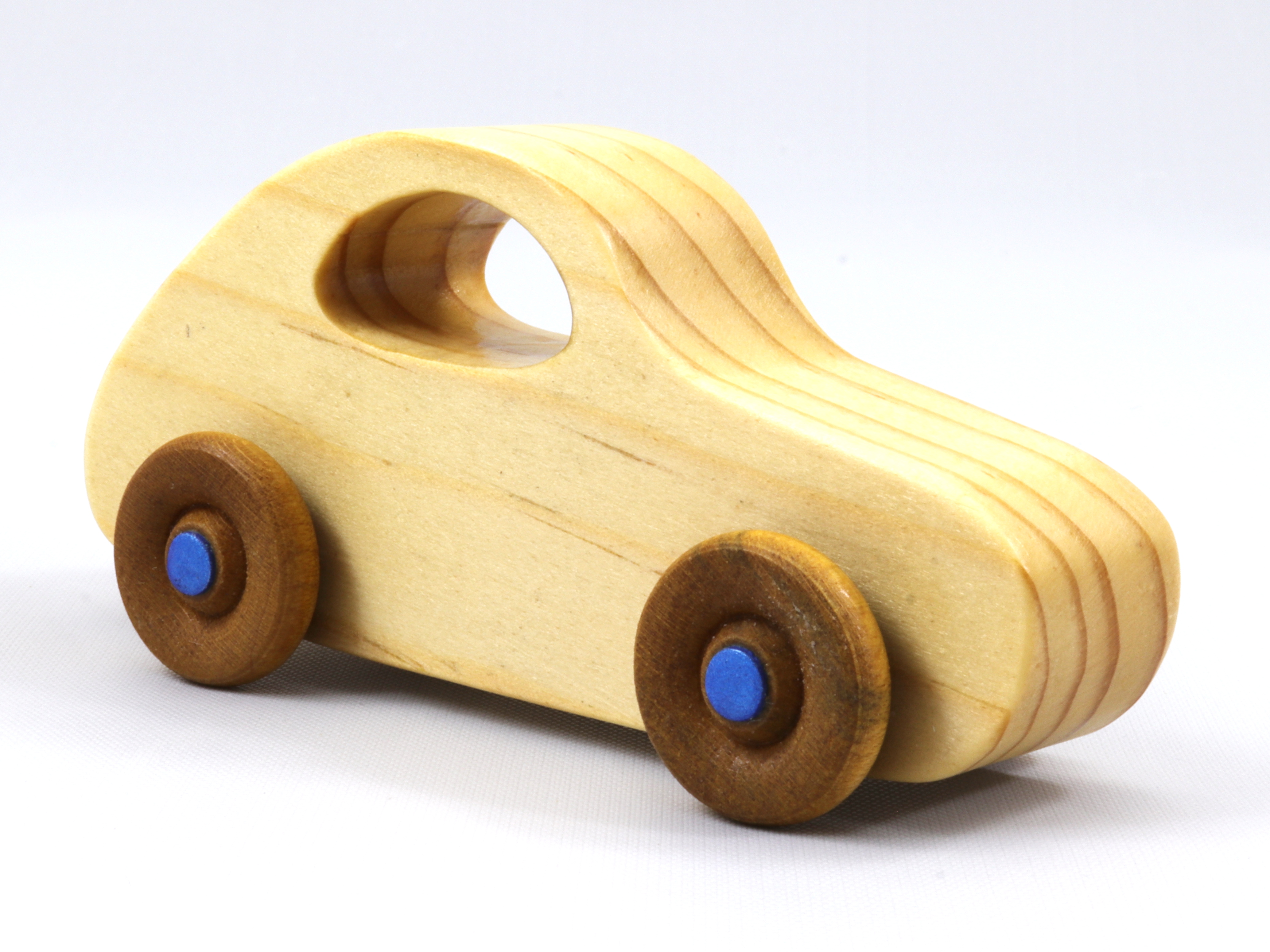 Handmade Wood Toy Car Finished with Clear Shellac and Metallic Blue Acrylic Paint, Classic 1957 Bug From My Play Pal Collection