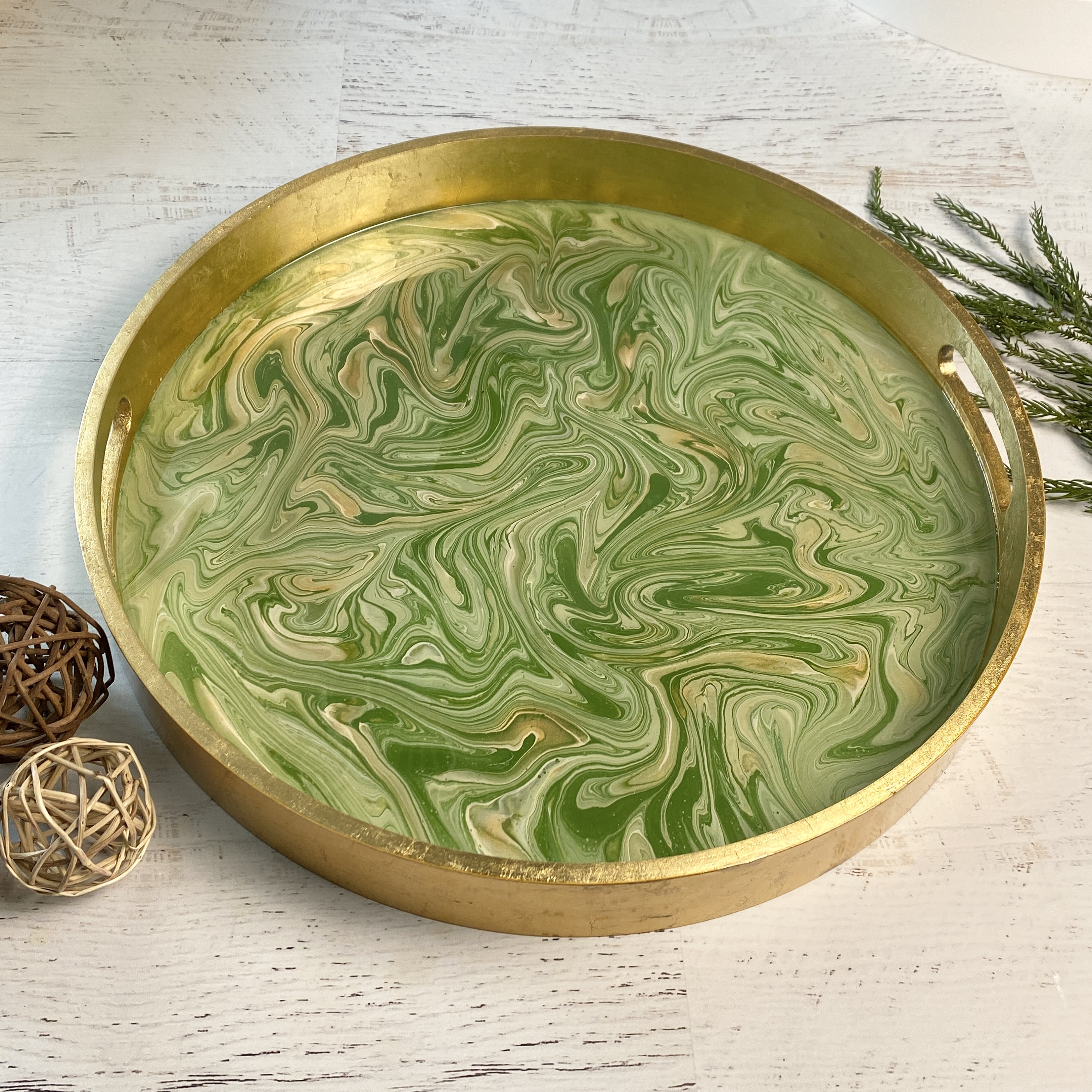 Products 18" Round Gold Leaf Serving Tray with Handles Ottoman