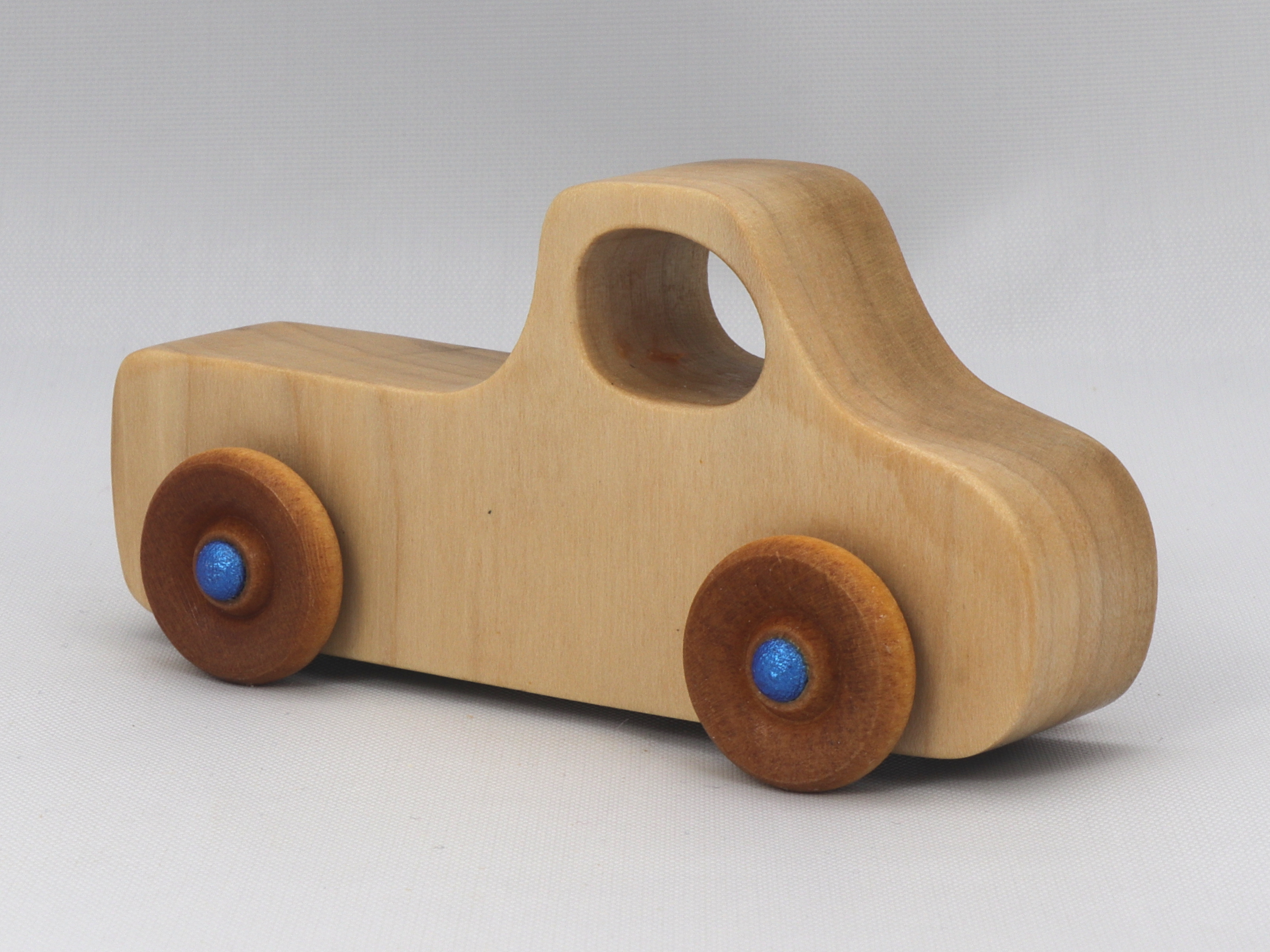 Handmade Wood Toy Pickup Truck Finished With Clear And Amber Shellac And Trimmed With Metallic Saphire Blue Acrylic Paint From My Play Pal Collection
