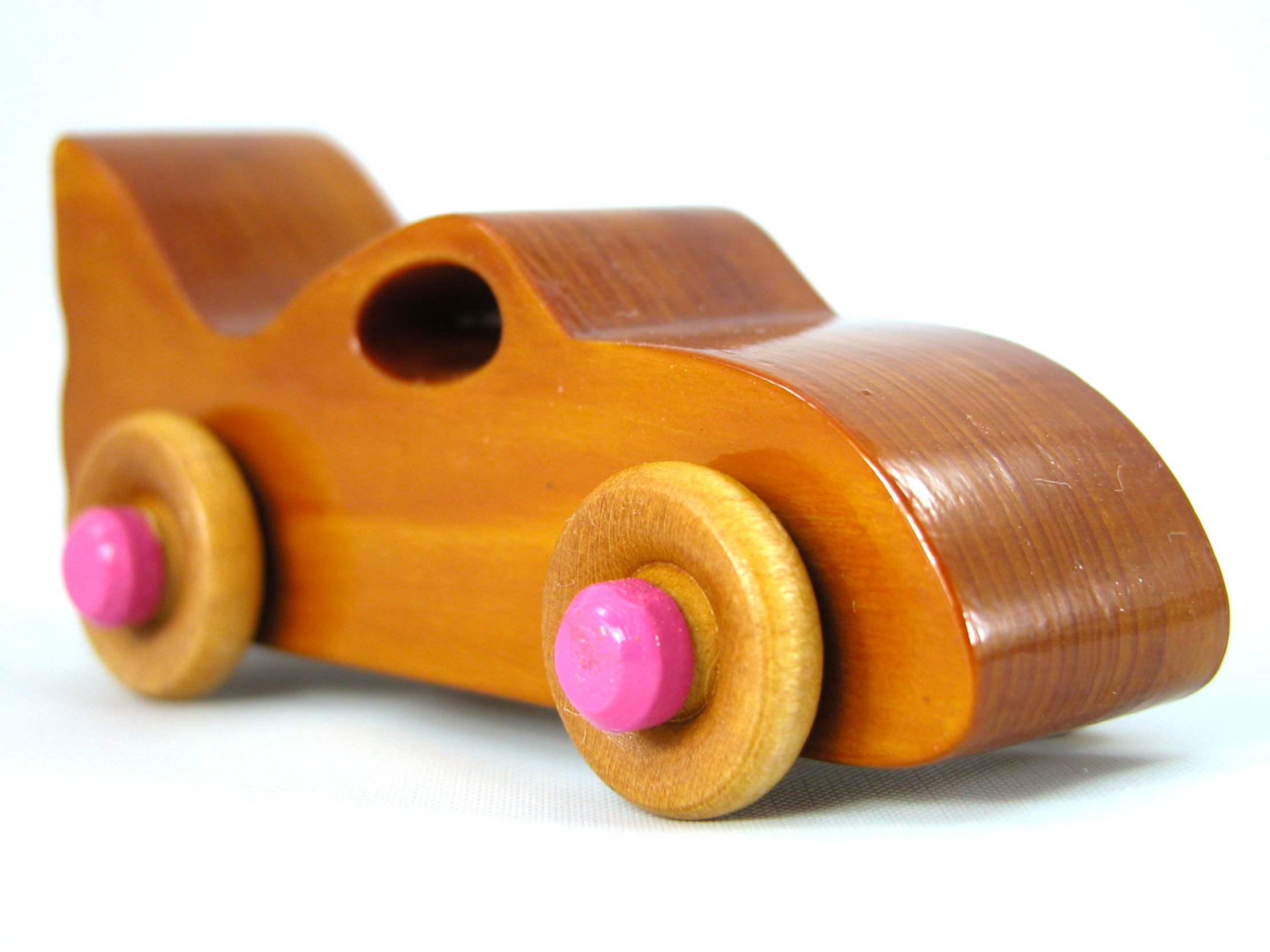 Handmade Wood Toy Bat Car Hand Finished With Amber Shellac And Hot Pink Acrylic Paint From My Play Pal Collection