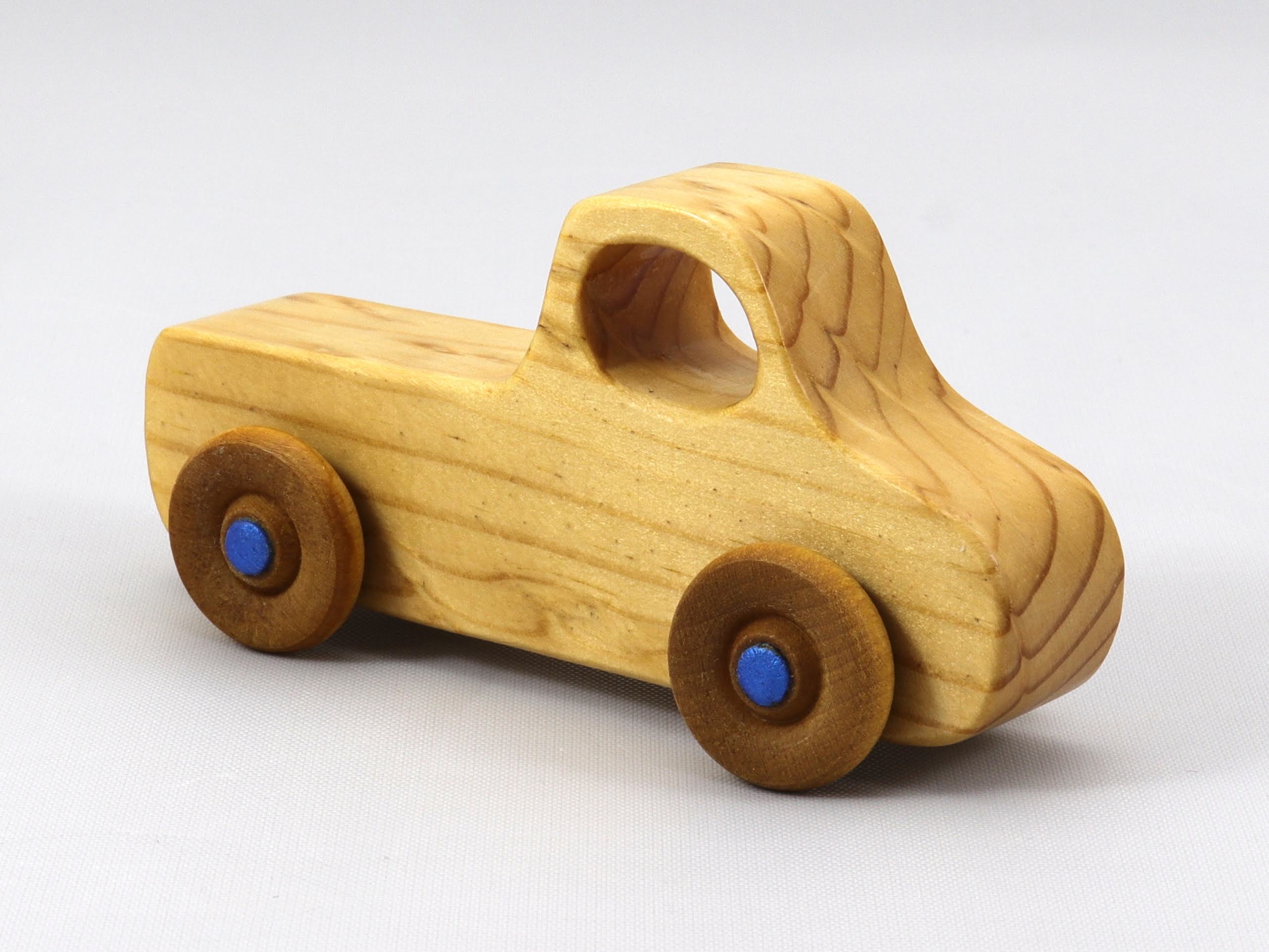 Handmade Wood Toy Pickup Truck Finished with Clear and Amber Shellac With Metallic Sapphire Blue Trim From My Play Pal Collection Made In America