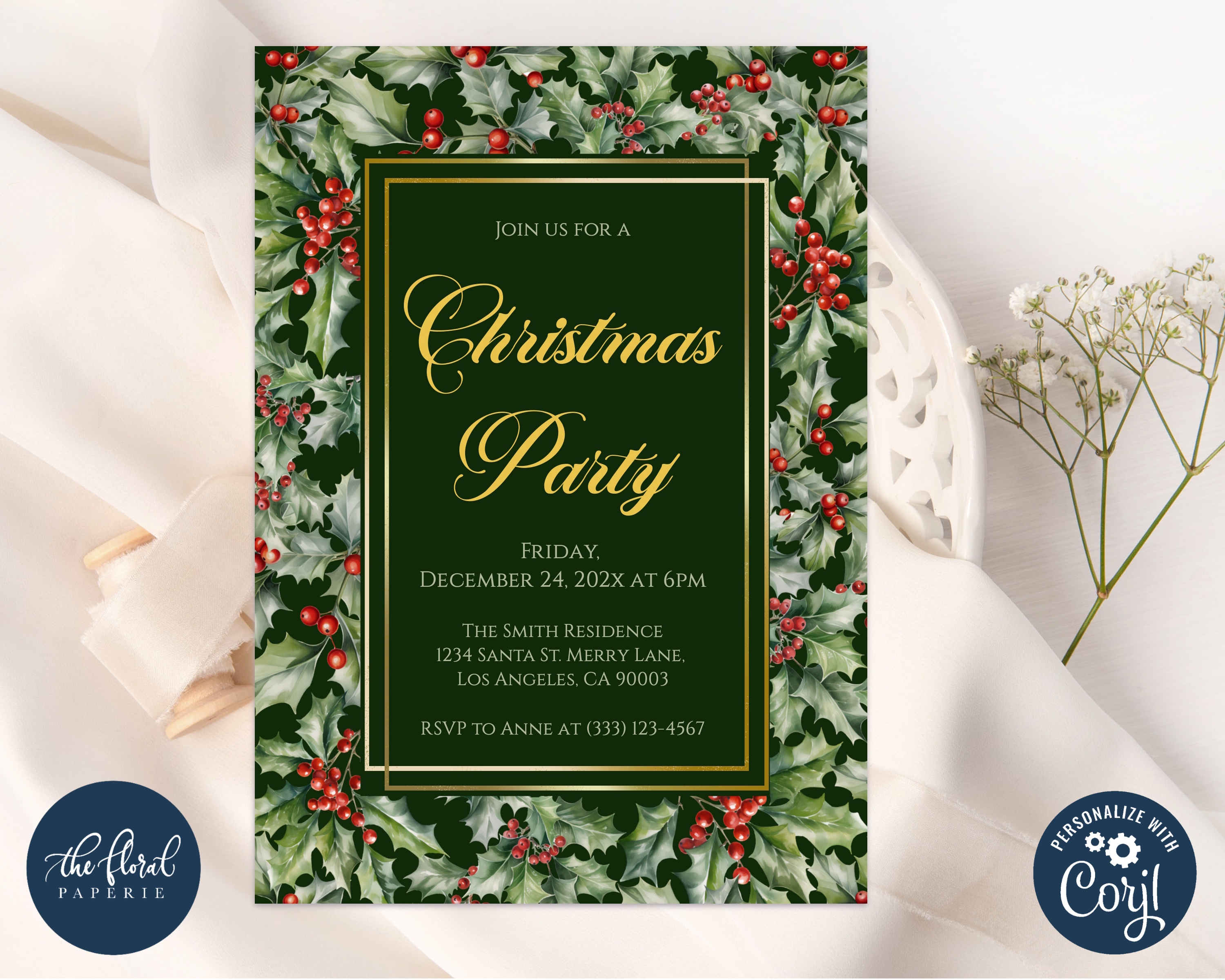 christmas party invitation template, christmas holly invitation