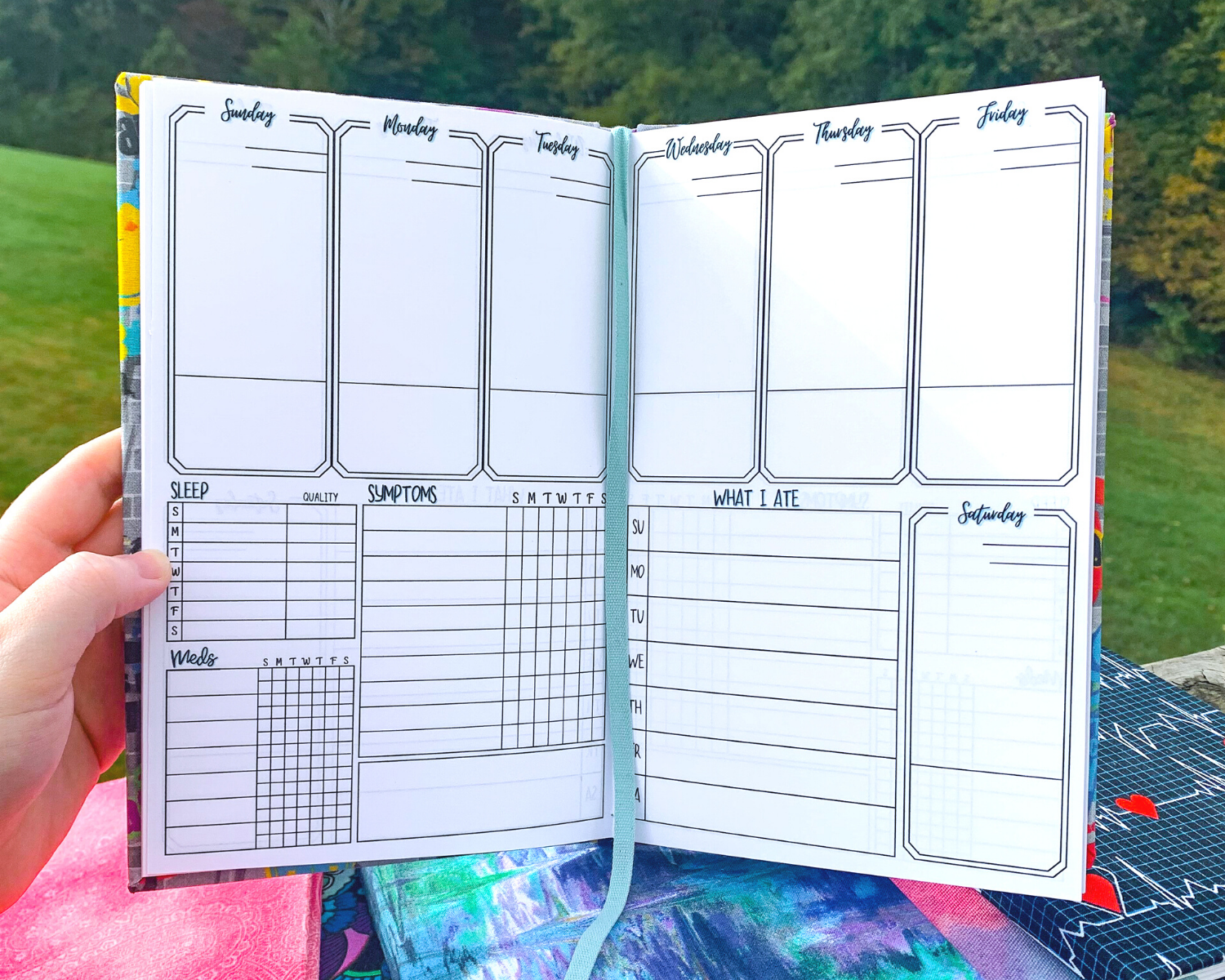 The week page of a symptom journal is shown. It has 6 boxes at the top and 1 below on the right, each is a day of the week. The boxes take up half the page vertically they have a line towards the bottom. Below on the left is a sleep, meds, and symptom tracker. Each has space for each day of the week. The med box has space 7 meds and 2 checkboxes per day. The symptom box has 10 slots. On the right is a what I ate box which is divided into writing slots for each day.