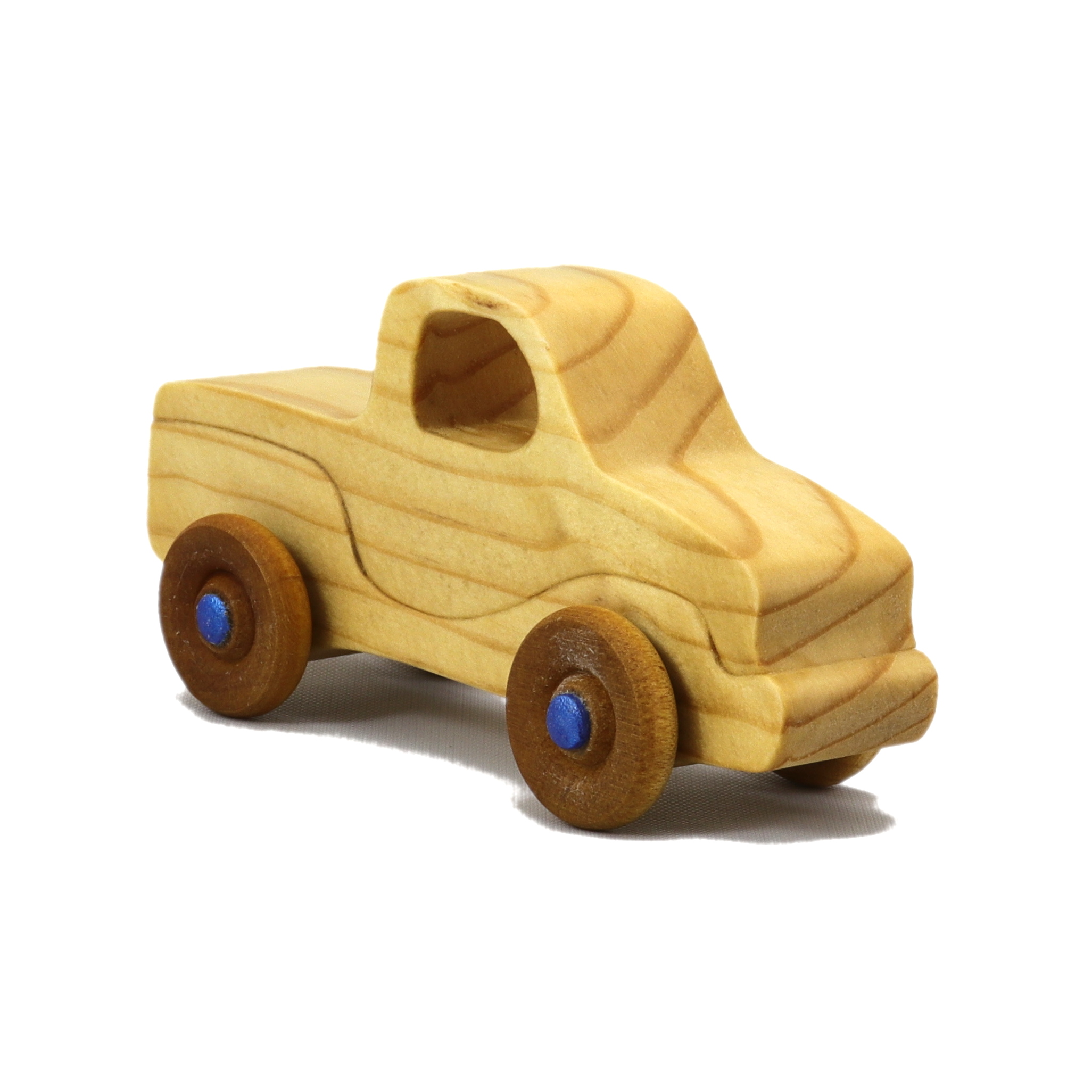 Handmade wooden toy pickup truck finished with a blend of mineral oil and beeswax and painted with metallic sapphire blue trim.