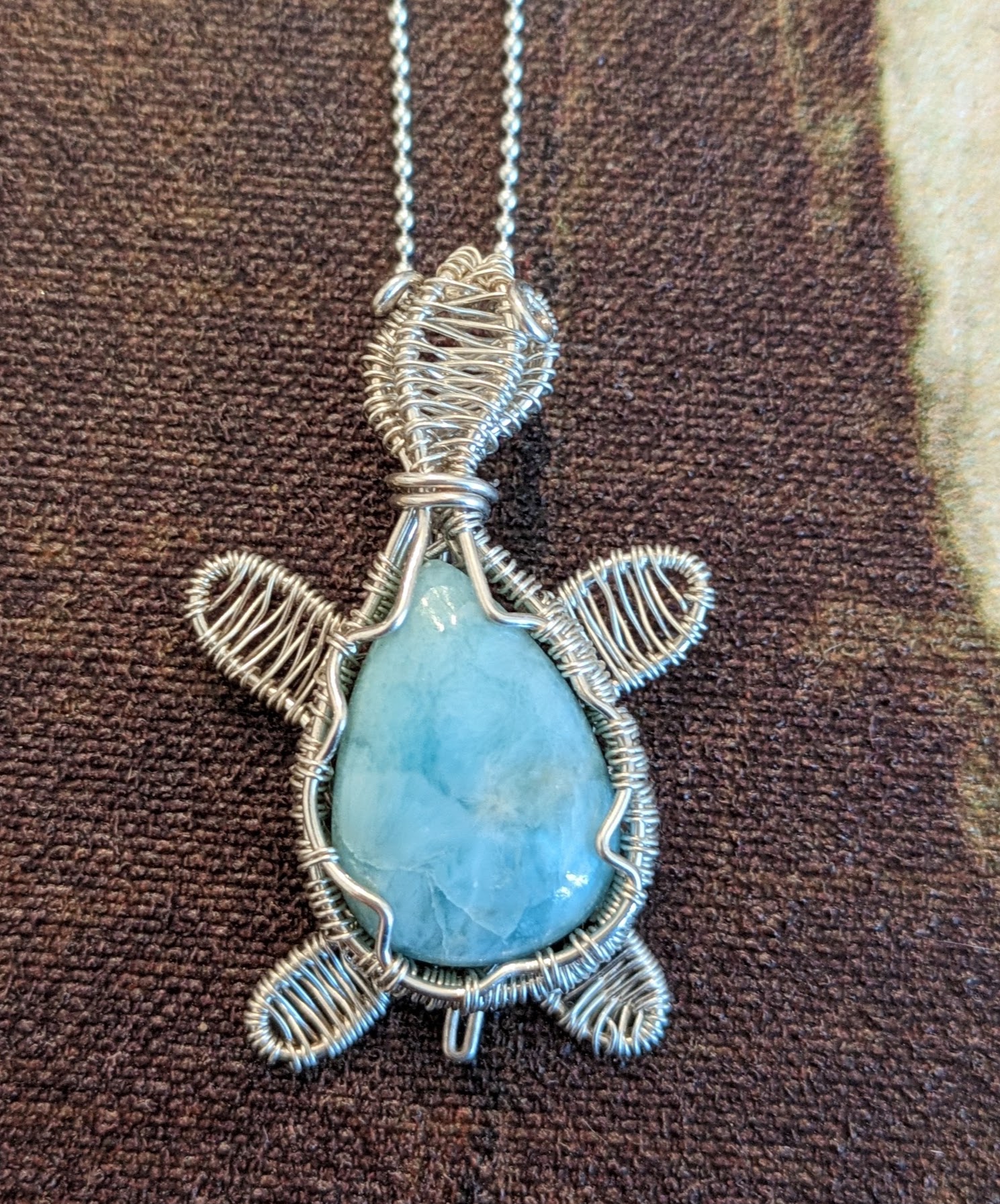 Larimar and Sterling Silver wire wrapped Turtle pendant