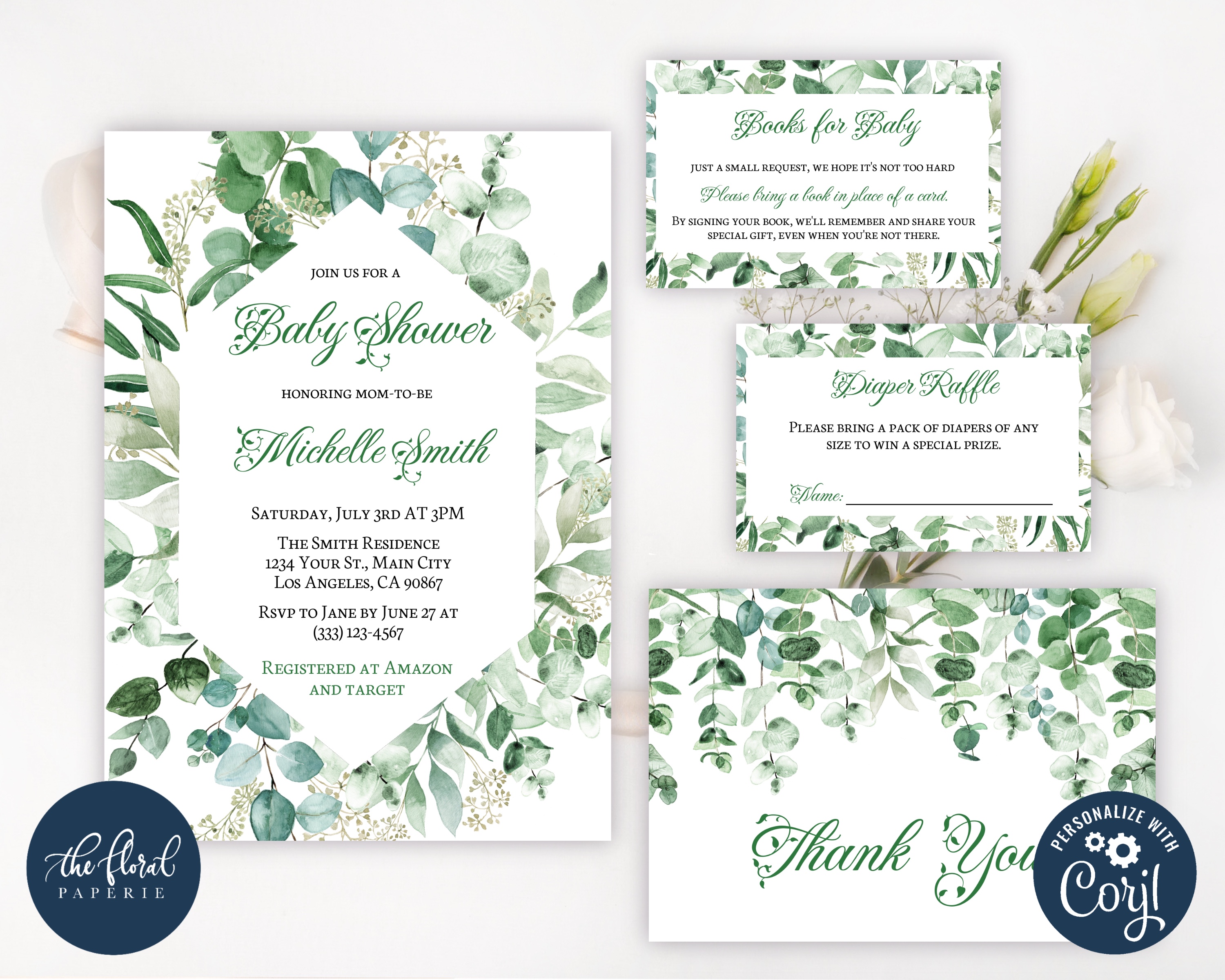 eucalyptus baby shower bundle, greener baby shower invitation set