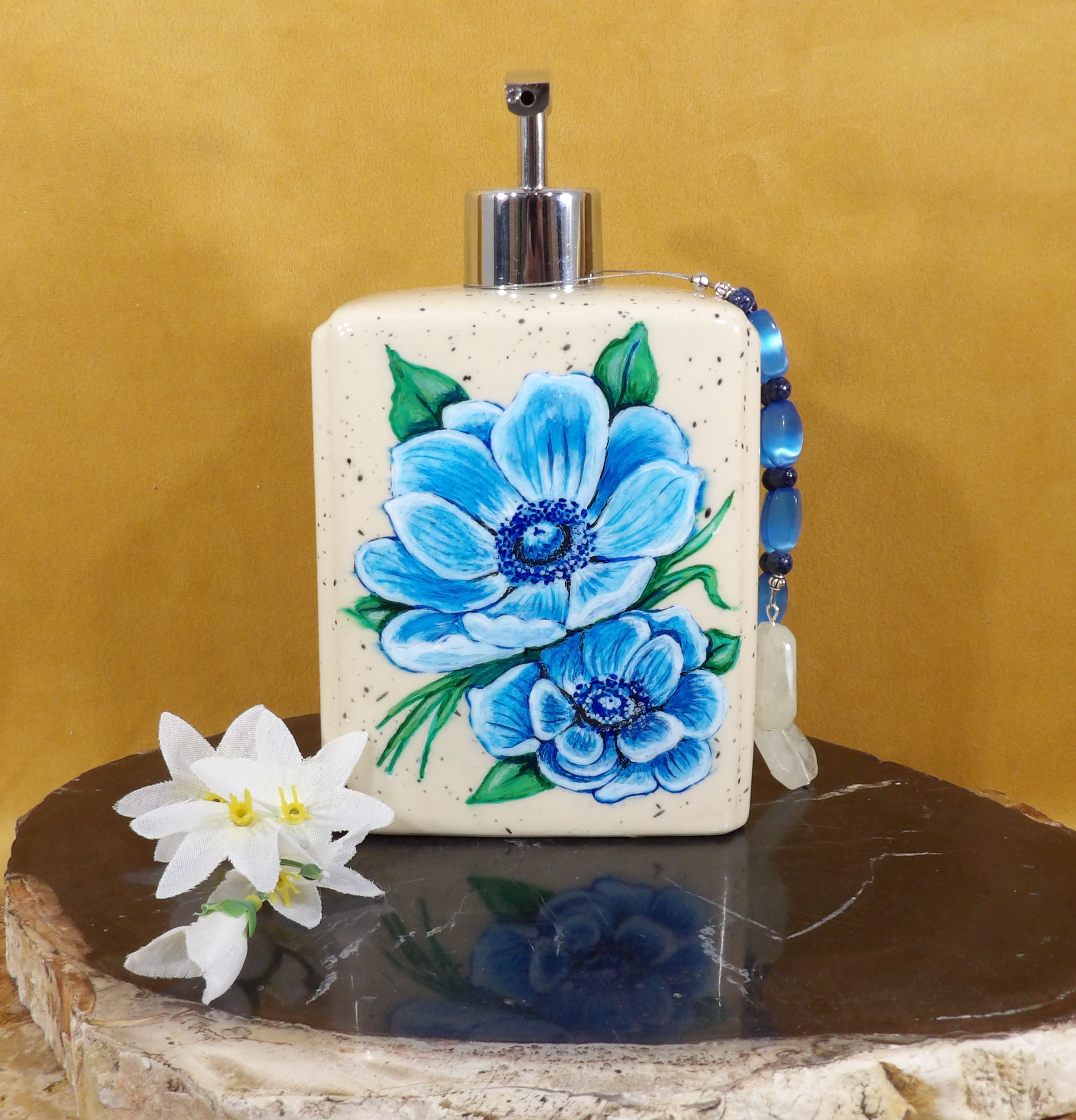Hand painted blue poppy kitchen soap dispenser