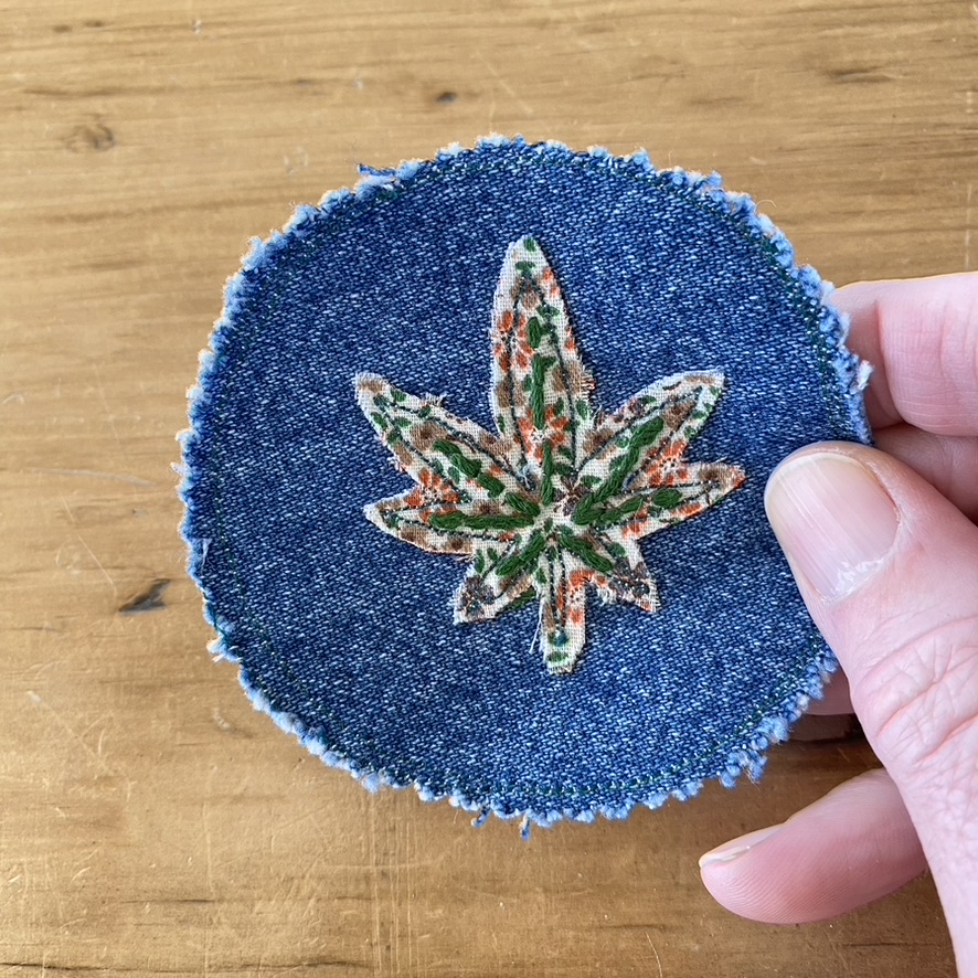 Patches with Cannibas weed leaf. Hand stitched, up cycled, OOAK