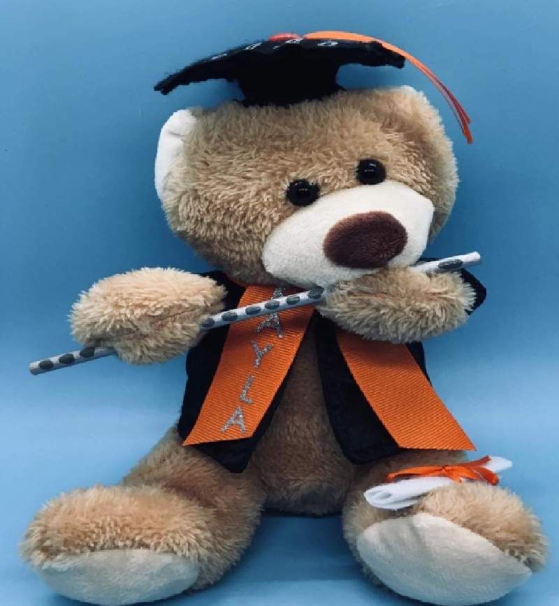 Plush Personalized Graduation Bear Class 2022. Honey tan bear with choice of school accent color. Artistic and creative grad gift  to remember 2021 for a lifetime.  Beauttifully created for all flutist. Check out our NO INSTRUMENT grad bears and our cute graduate beaes in face masks. Weve got you covered!