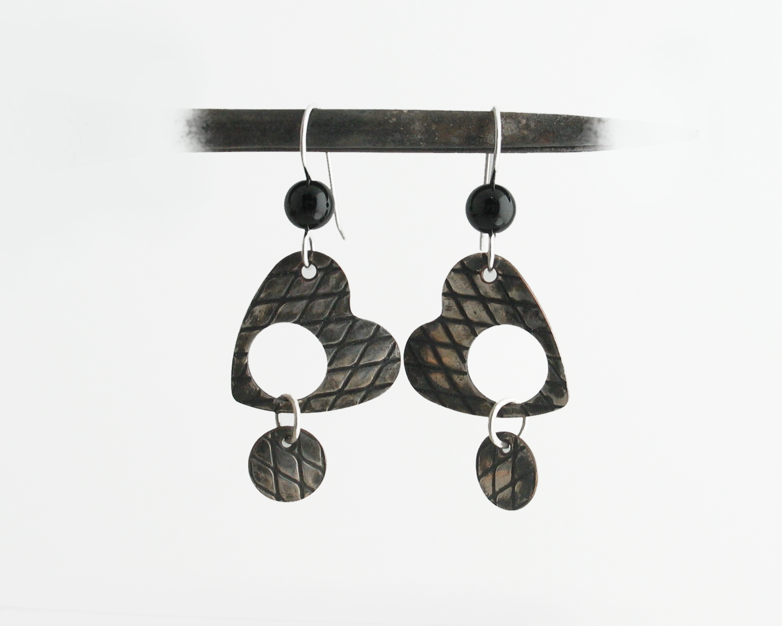 Silver Heart and Black Onyx Articulated Earrings