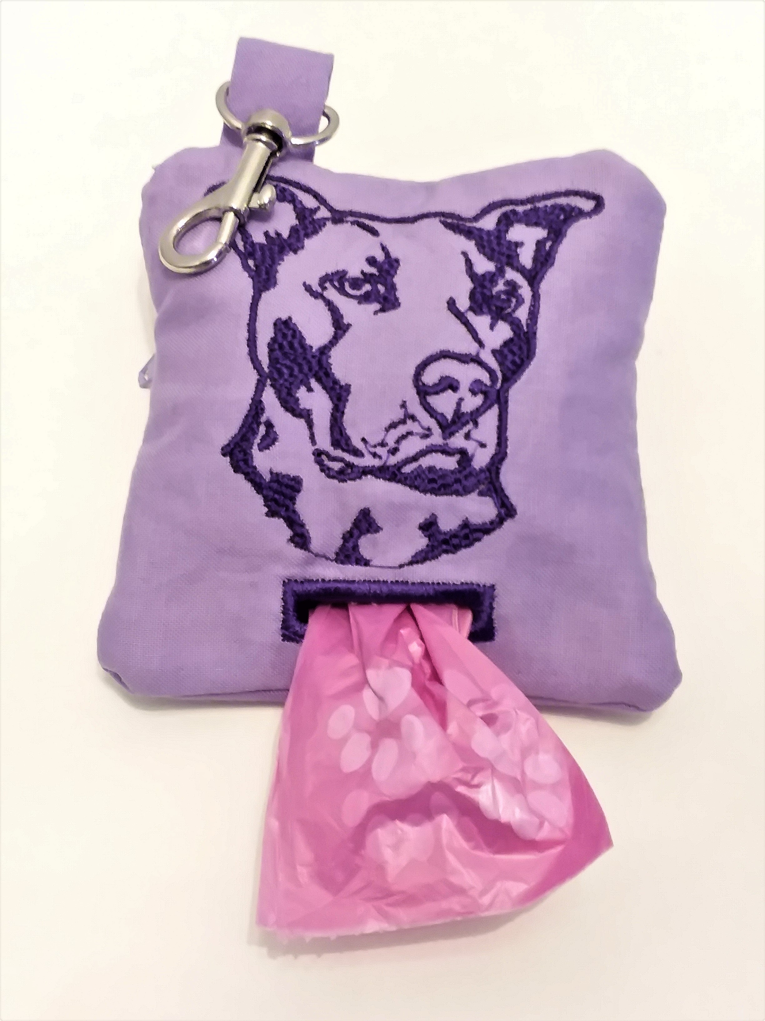 Dog poop bag holder with embroidered pit bull and bag opening. Free roll of bags . Handmade by A fur baby favorite in  the USA