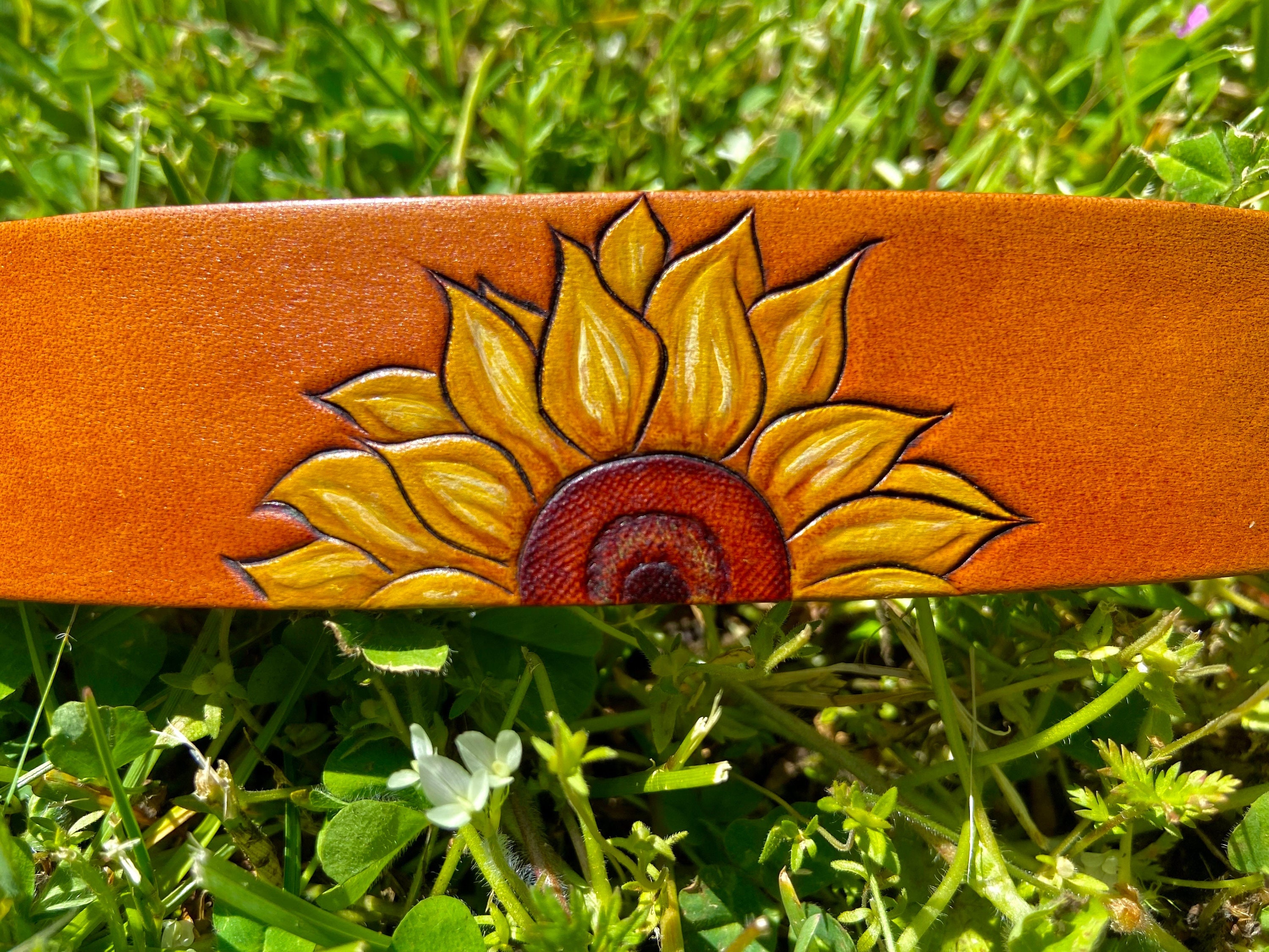 Products :: Leather Sunflower Bracelet, Genuine Hand Tooled Leather ...