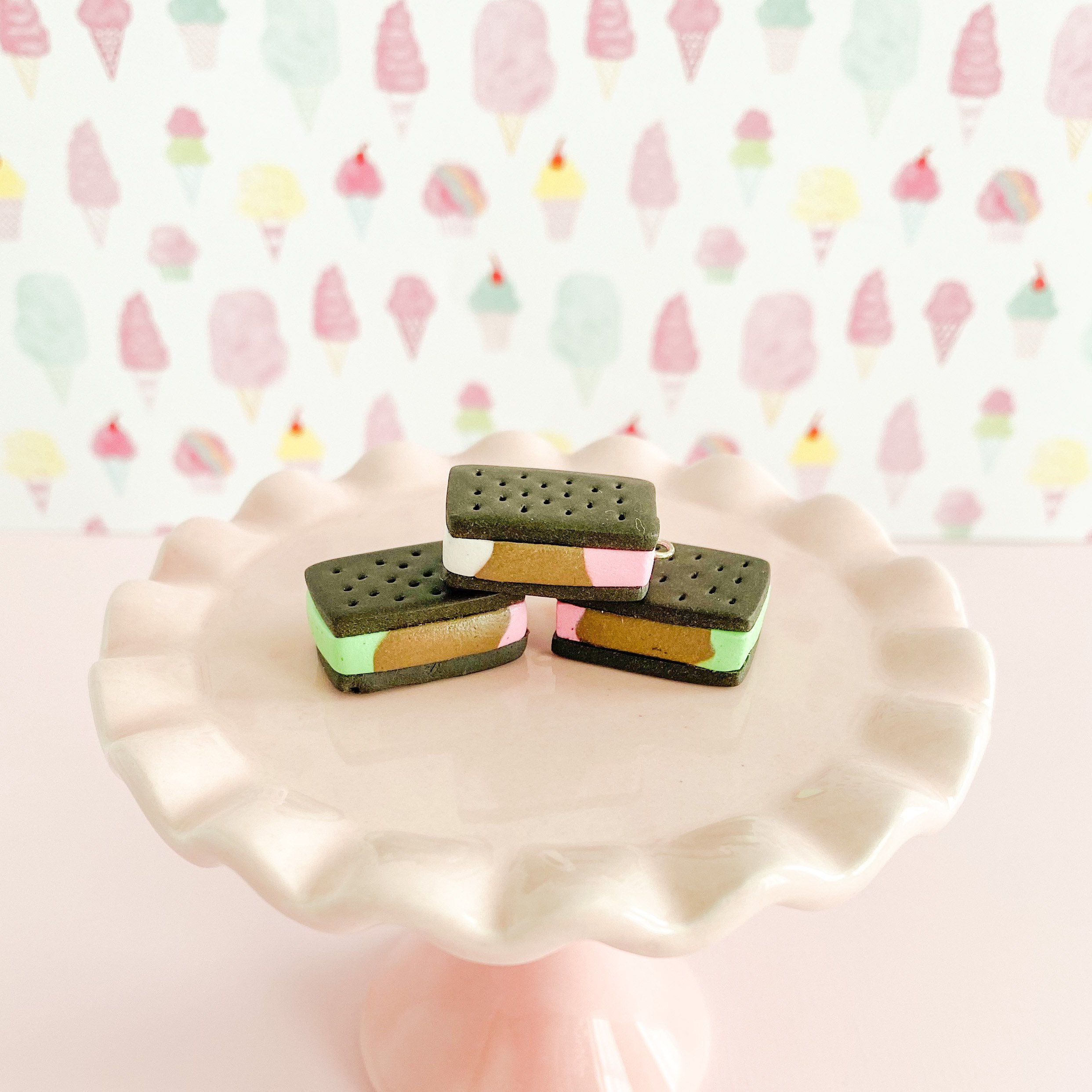 fireflyFrippery Ice Cream Sandwich Charms Stacked on Pink Display