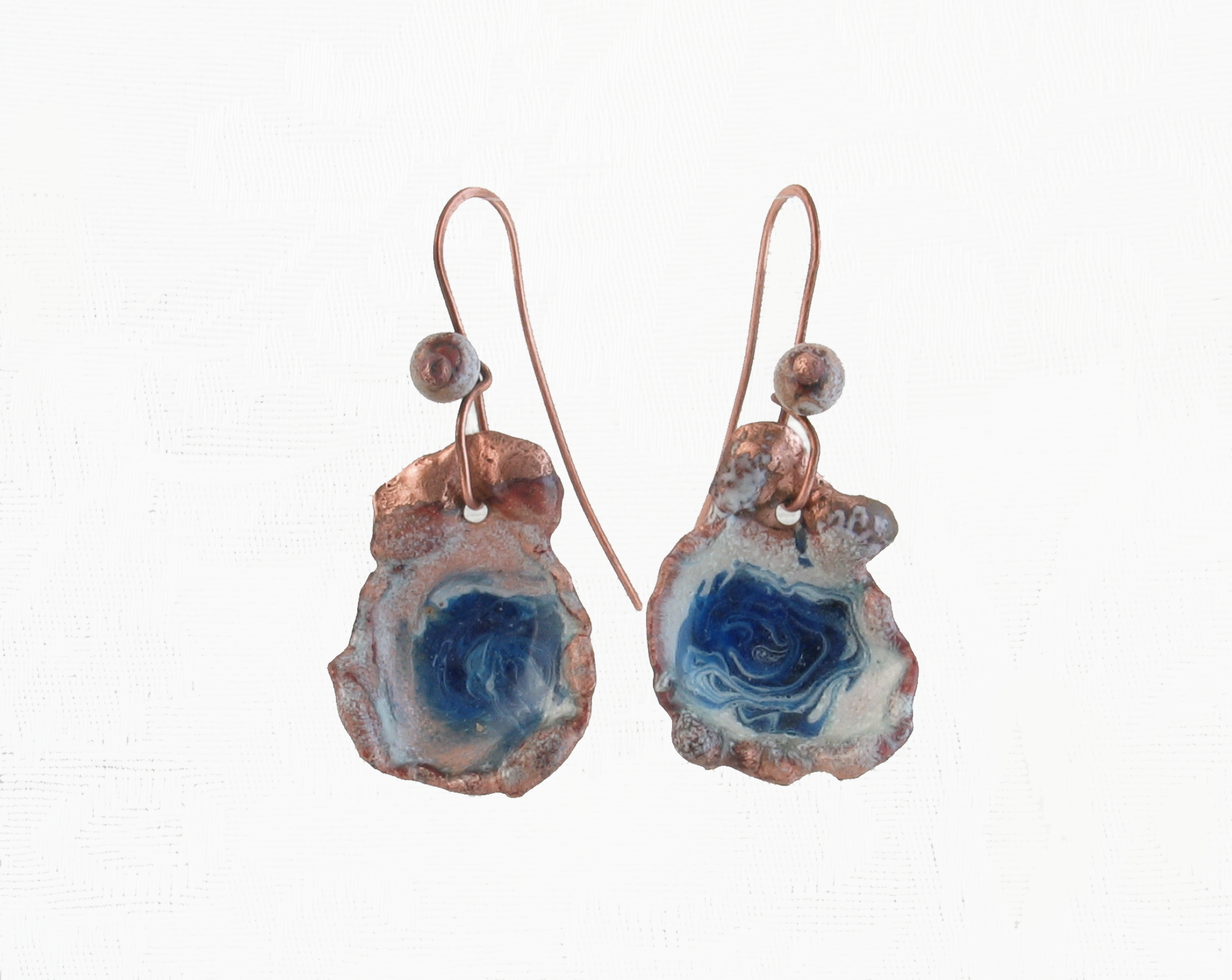 Handmade Royal Blue and White Enamel on Melted Copper Dangle Earrings