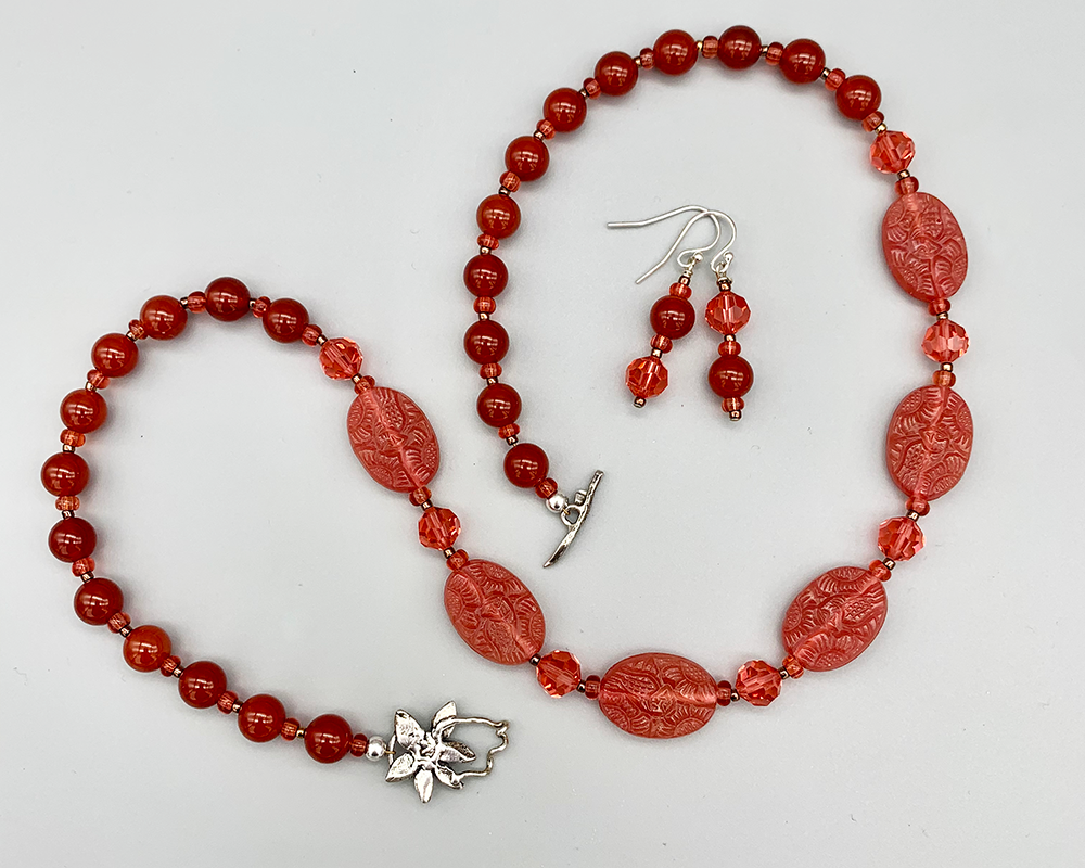Necklace set: Antique/vintage carnelian Czech pressed glass ovals, carnelian stone rounds, faceted crystal