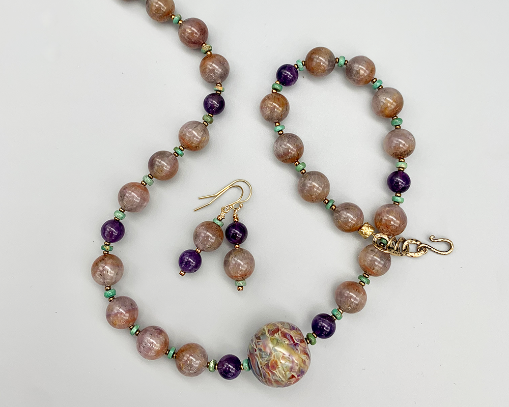 Necklace set with artisan lampwork focal, gorgeous amethyst rounds, natural turquoise rondelles