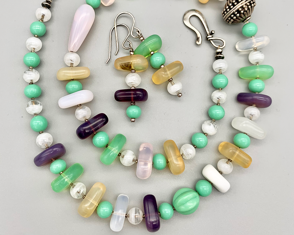 Necklace set | "Sea stone" pastel vintage glass beads, Bali silver focal