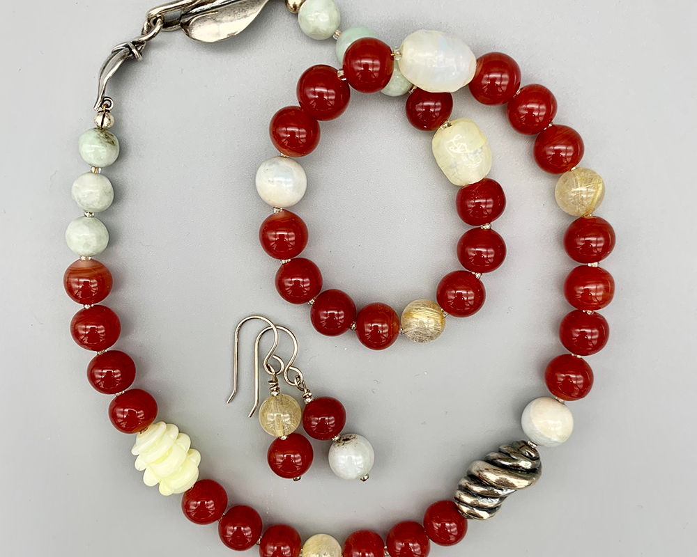 Necklace set | Ruby red Japanese Cherry Brand mid-century glass beads accented with pale jade and sterling silver
