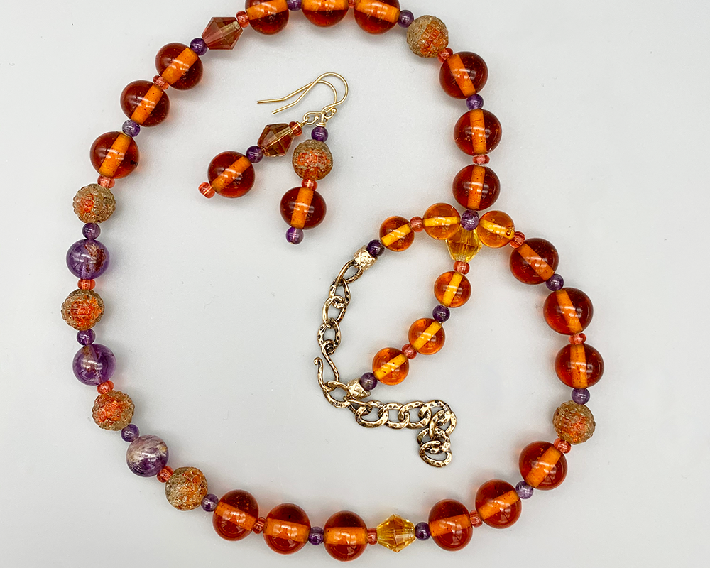 Necklace set |  Vintage Japanese and West German smoky topaz glass beads, amethyst rounds and spacers
