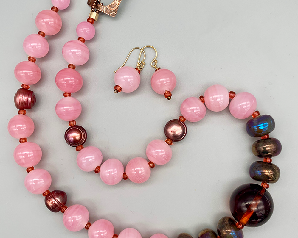 Necklace set | Bakelite amber focal, shiny raku rondelles, vintage rose quartz glass rounds, freshwater pearls