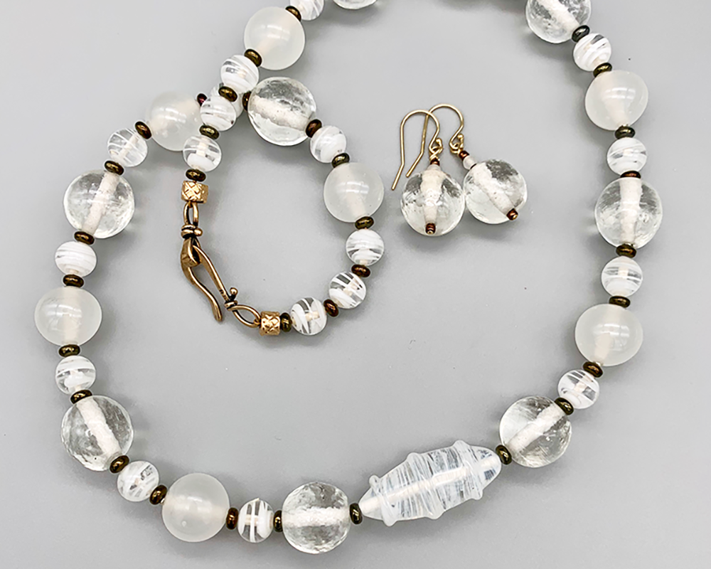 Necklace set | Snow and ice mid-century beads with stunning focal bead