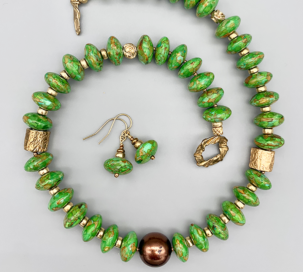 Necklace set | Apple green turquoise rondelles, bronze artisan sliders, bronze toggle clasp, antique glass focal bead