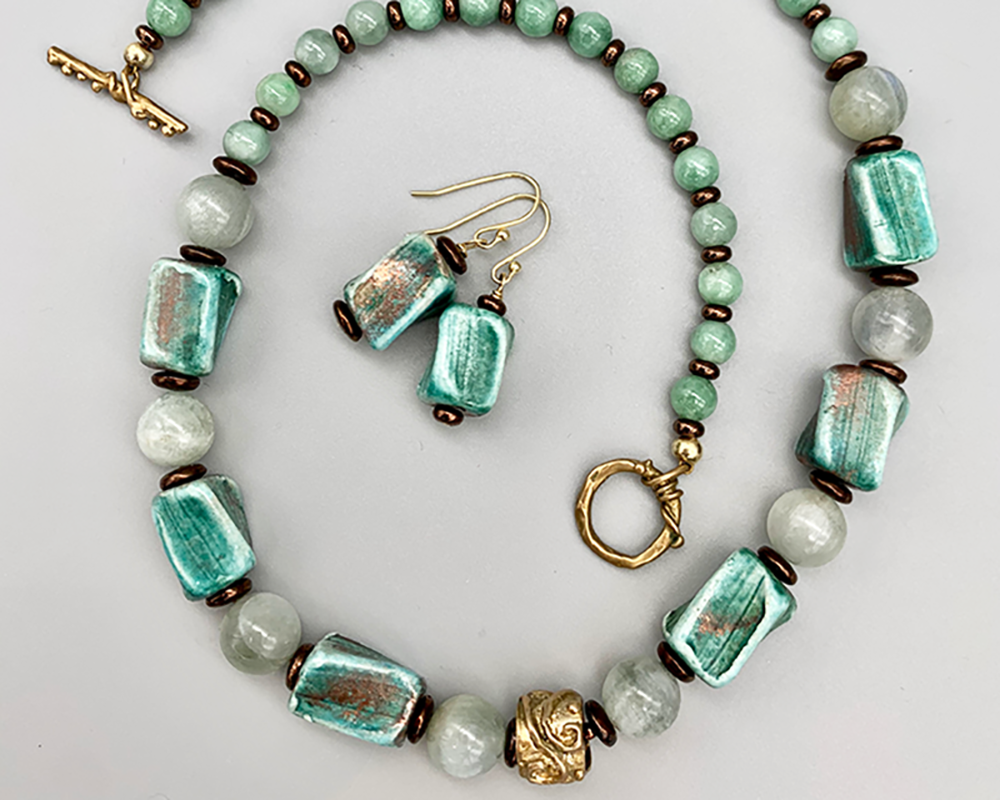 Necklace set | Raku, moonstone, jade beads — a pale green water garden palette