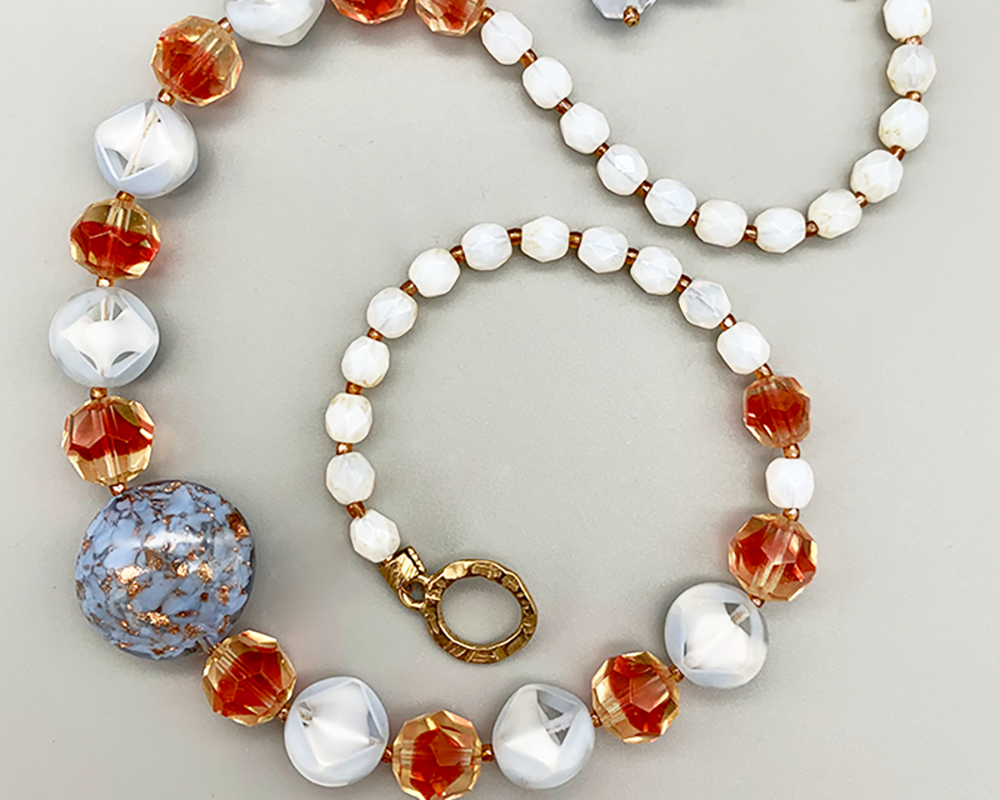 Necklace set | Fire and Ice — Venetian periwinkle/aventurina focal disk, givre vintage glass rounds and sliced rounds, bronze artisan clasp