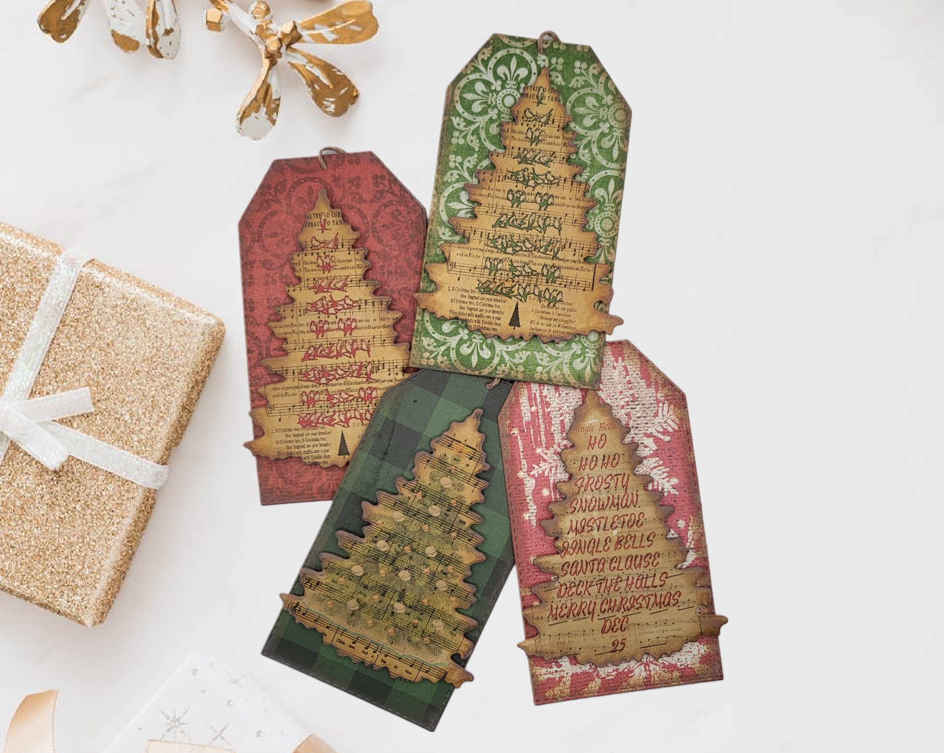 Rustic Christmas Tree Music Sheet Paper Gift Tags