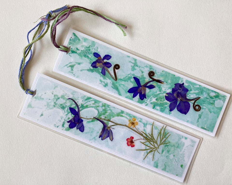 real pressed flower bookmarks, set of 2, puple larkspur