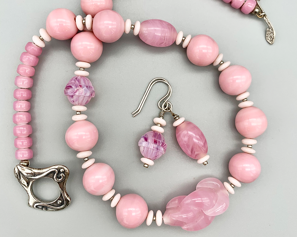 Necklace set | Pink twist focal, antique and vintage glass beads, Venetian white-heart trade beads