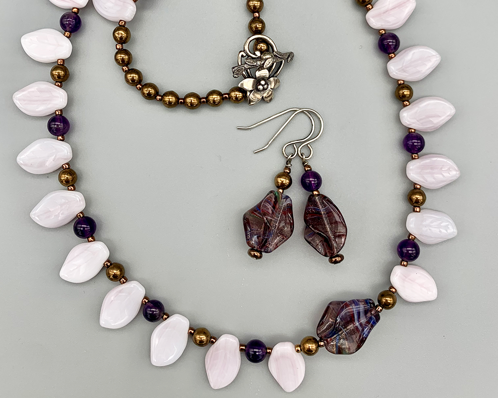 Necklace set | Pale lavender glass leaves, amethyst and glass bronze rounds, finned violet/amethyst focal beads