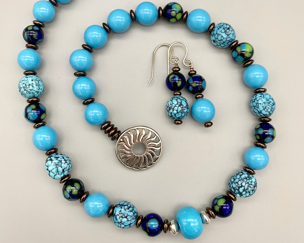 Necklace set | Vintage Japanese turquoise-blue rounds, multi-colored lampwork rounds, faux-turquoise melon beads