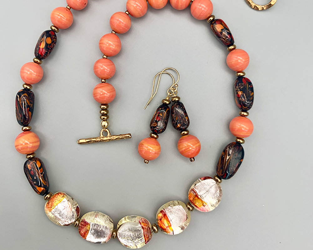 Necklace set | Vintage glass beads —Italian black, orange, red, aventurina ovals, Japanese coral rounds, with clear/orange/foil disks