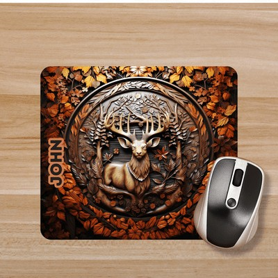 Close up of dark brown faux leather deer mouse pad. Rustic leather look deer in woods desk accessory. Created by Tammi Oribello Designs