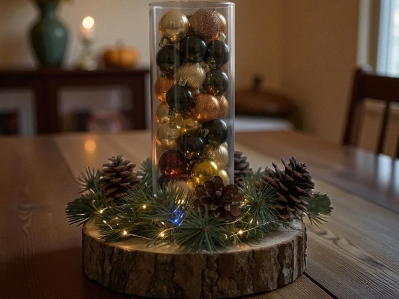 Rustic handmade centerpiece with pinecones and evergreen sprigs glowing under soft lights; artisan decor for cozy gatherings. Rustic handmade centerpiece with pinecones and evergreen sprigs glowing under soft lights; artisan decor for cozy gatherings.